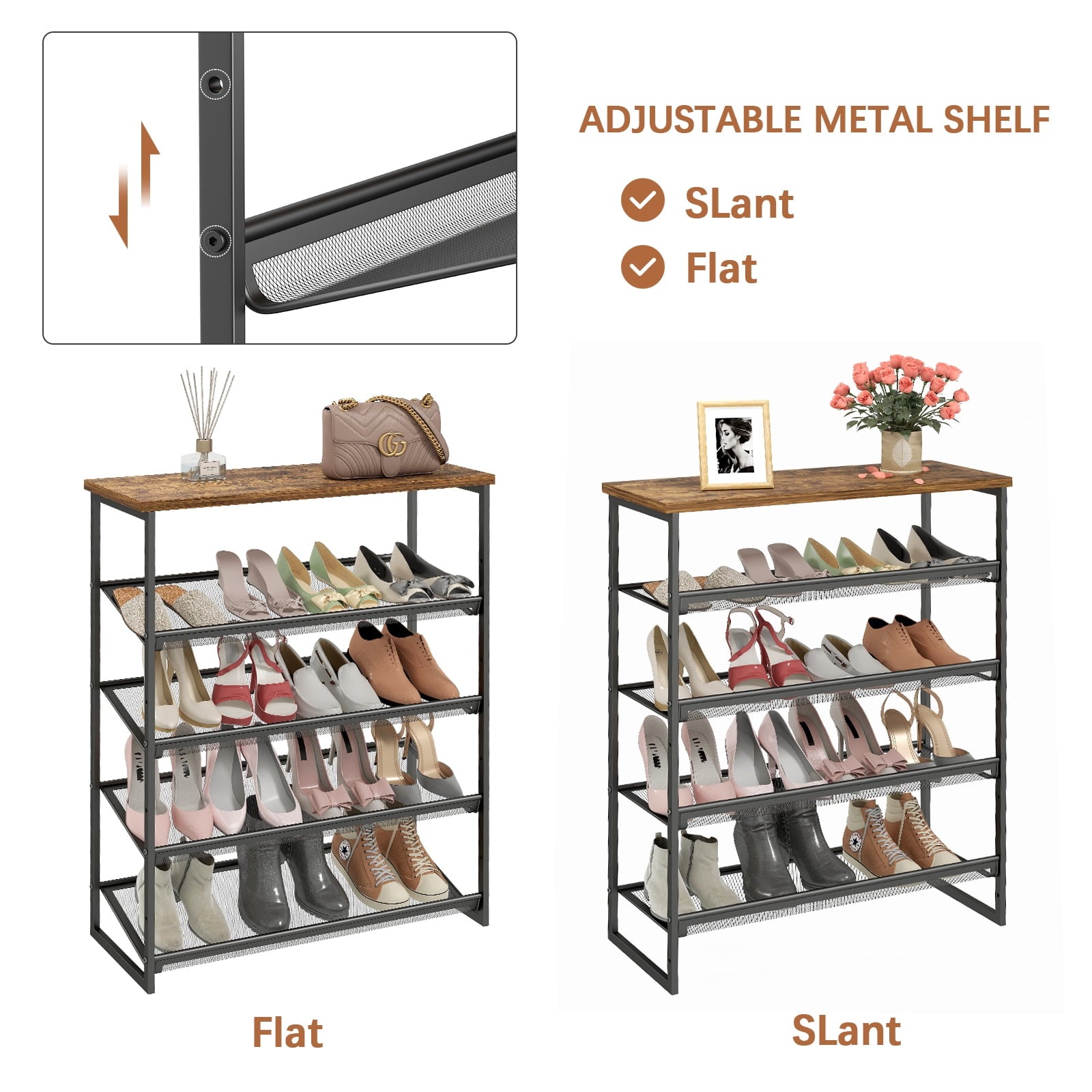 Furnibear 5-Tier Shoe Rack with Adjustable Flat/Slanted Shelves, Sturd