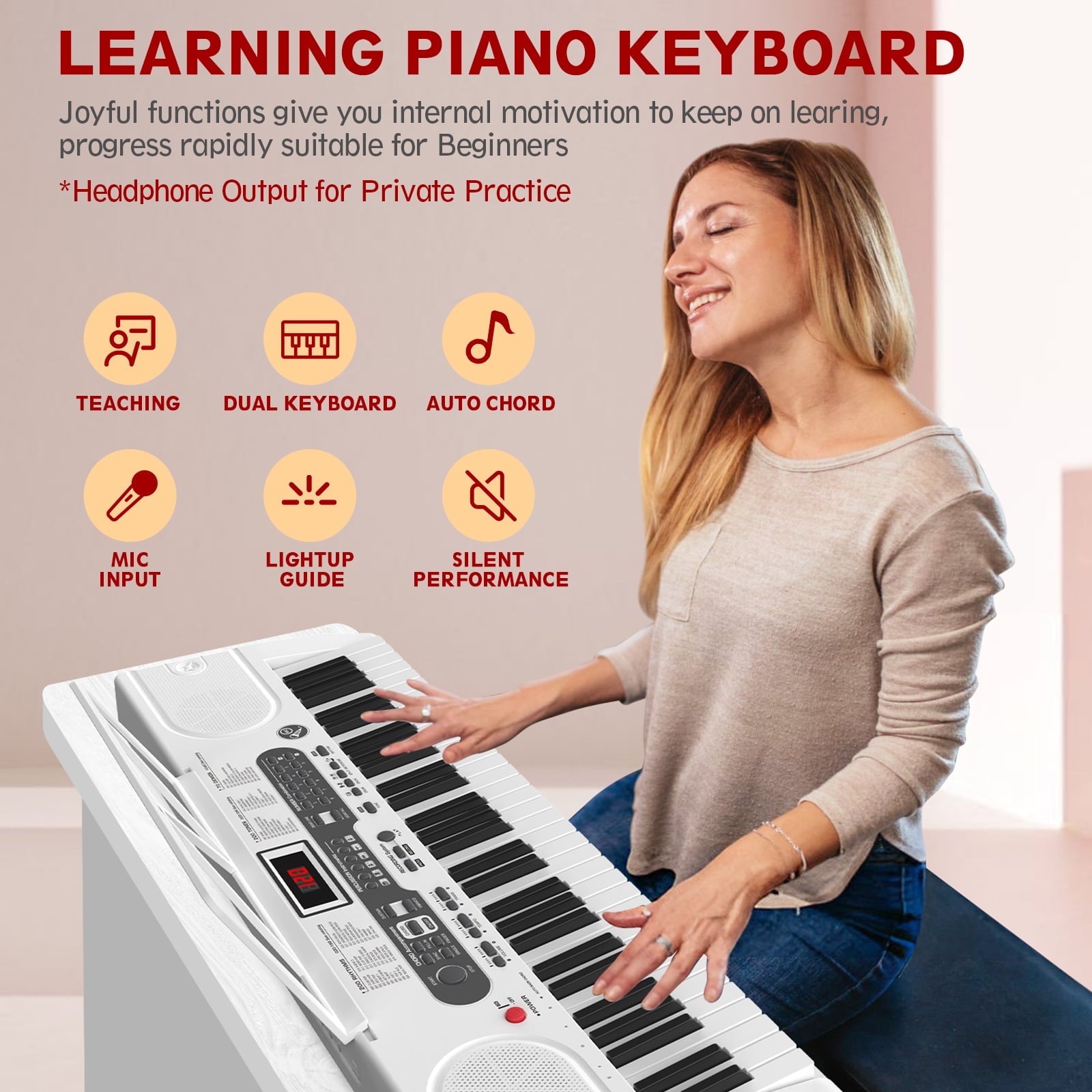 Furnibear 61 Key Piano Keyboard with Lighted Keys Stand Bench Microphone Headphone and Built-in Speakers for Beginners, White