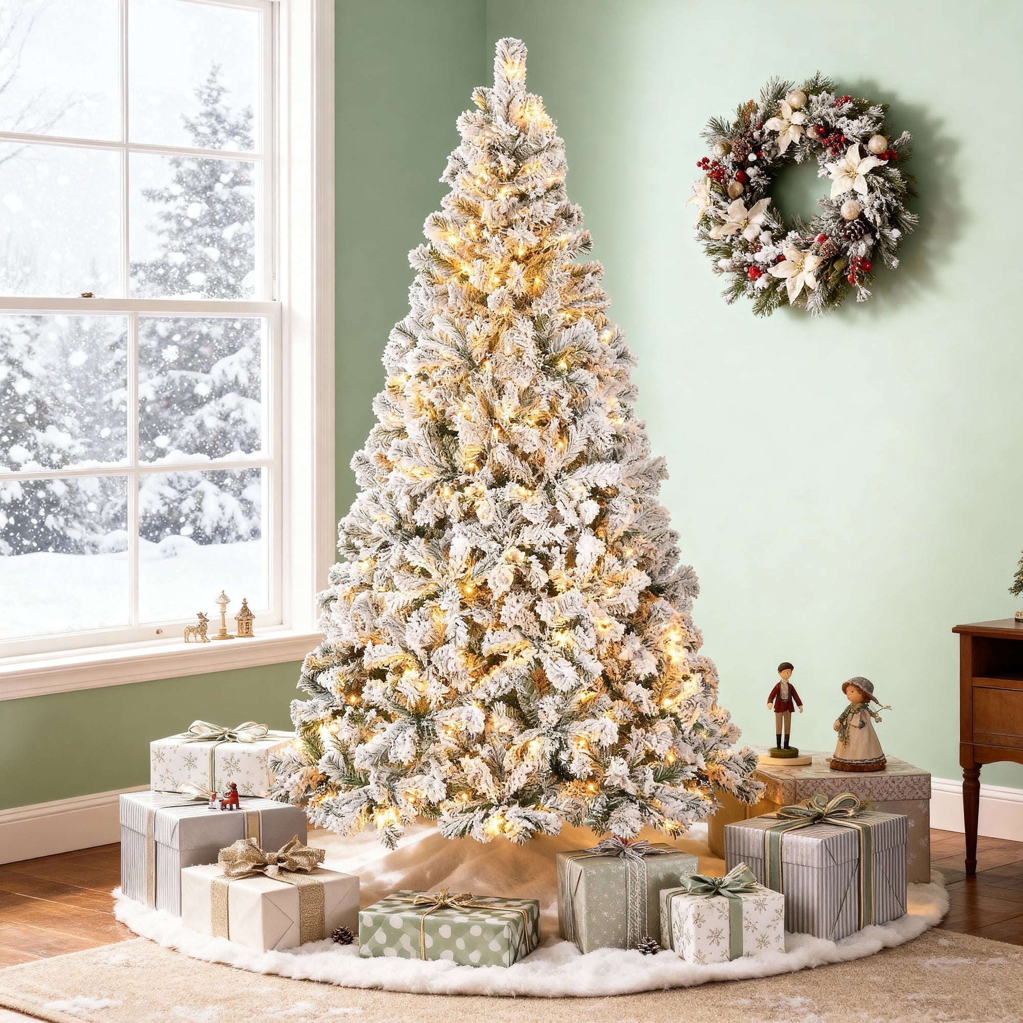 Furnibear 6ft Pre-Lit Flocked Christmas Tree, 1000 Tips with 250 Warm