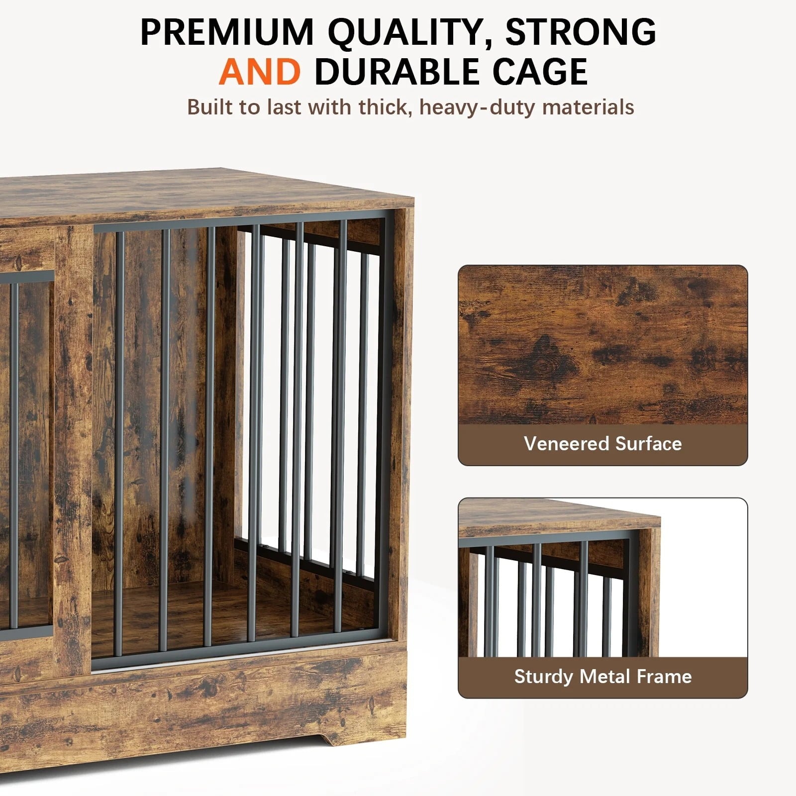 Furnibear 47" Solid Wood Dog Crate Furniture with Double Doors - Heavy Duty Rustic Brown Indoor Kennel w/Removable Dog Bowls, Multi-Functional End Table for Small/Medium/Large Dogs