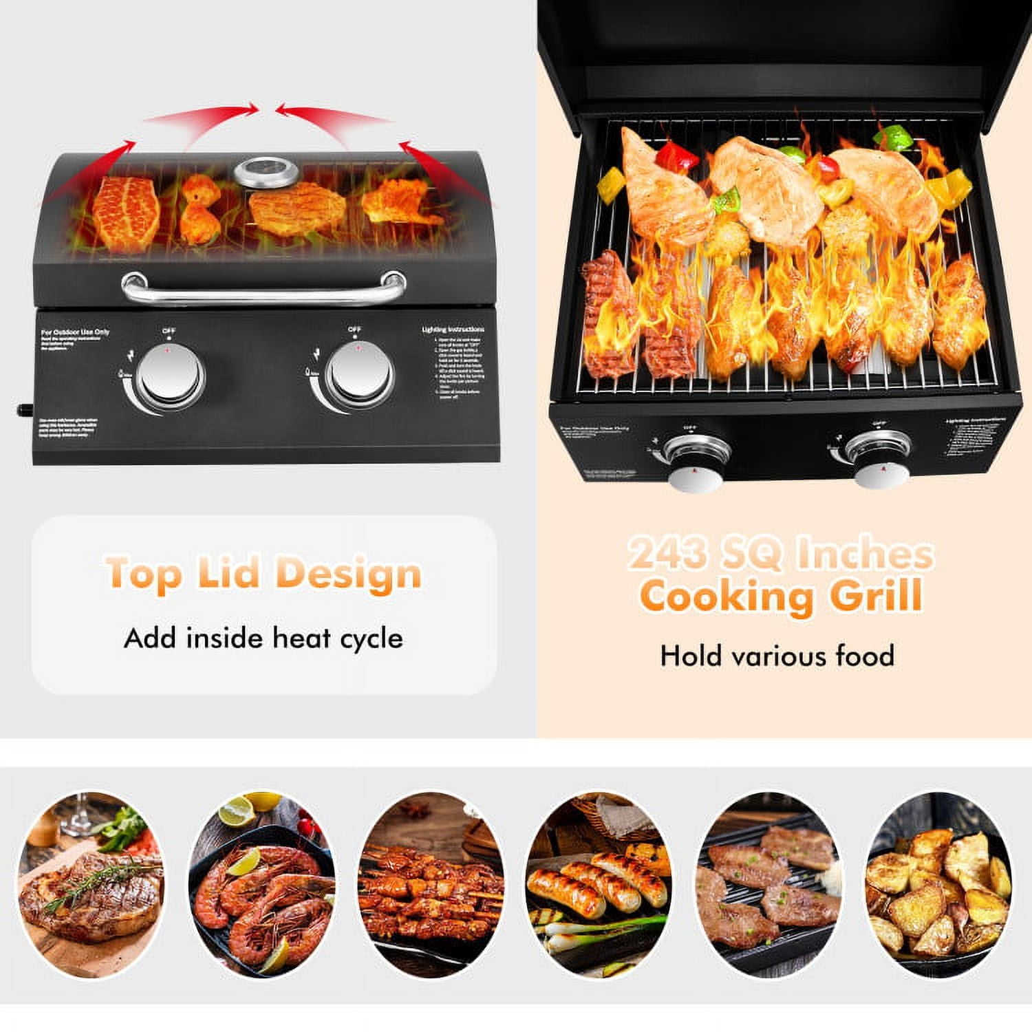 Furnibear 2 Burner Portable Propane Gas Grill, Black