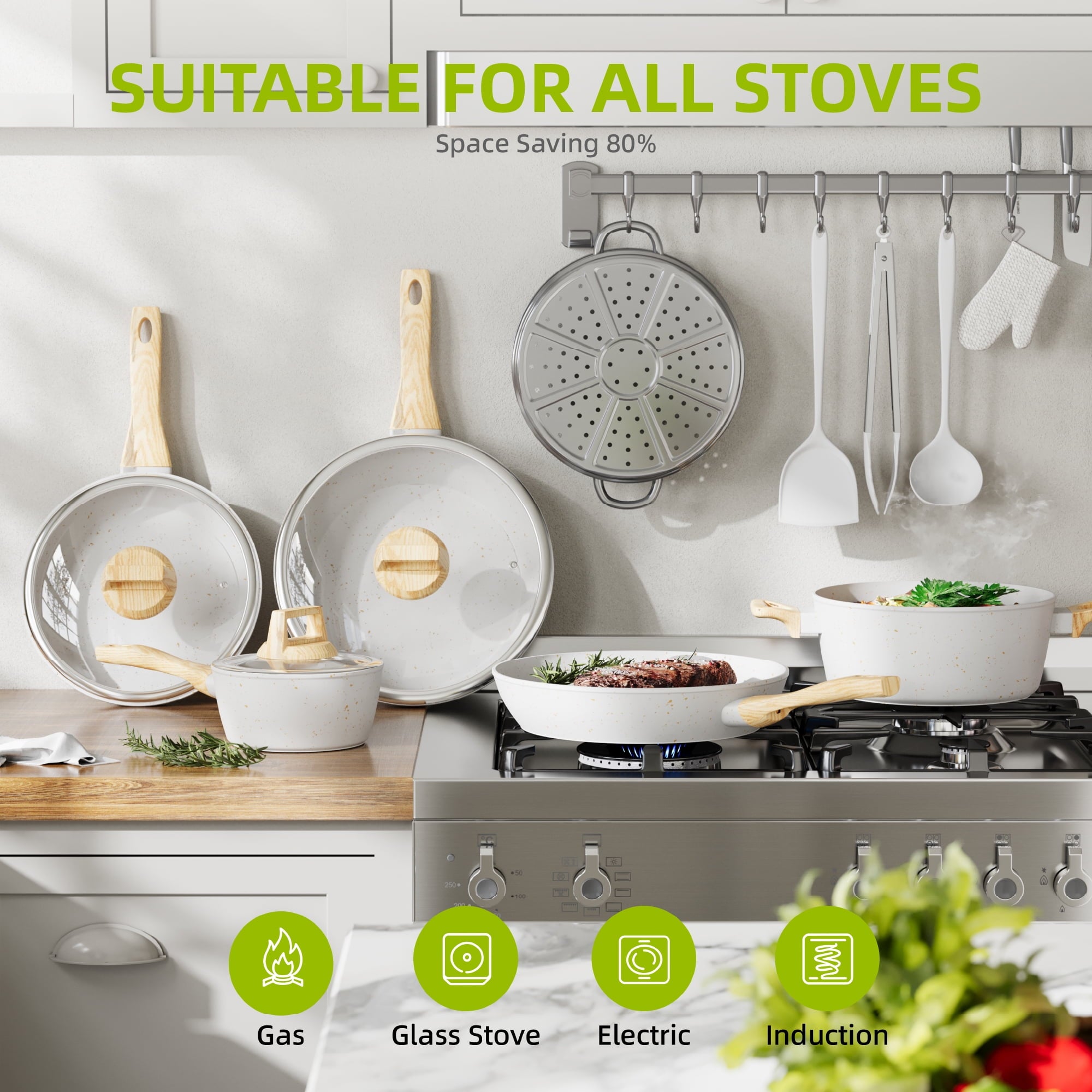 Furnibear 16pcs Nonstick Pots and Pans Set, Ceramic Cookware Set with Pots Protectors and Cooking Utensils, for RV and Camping White