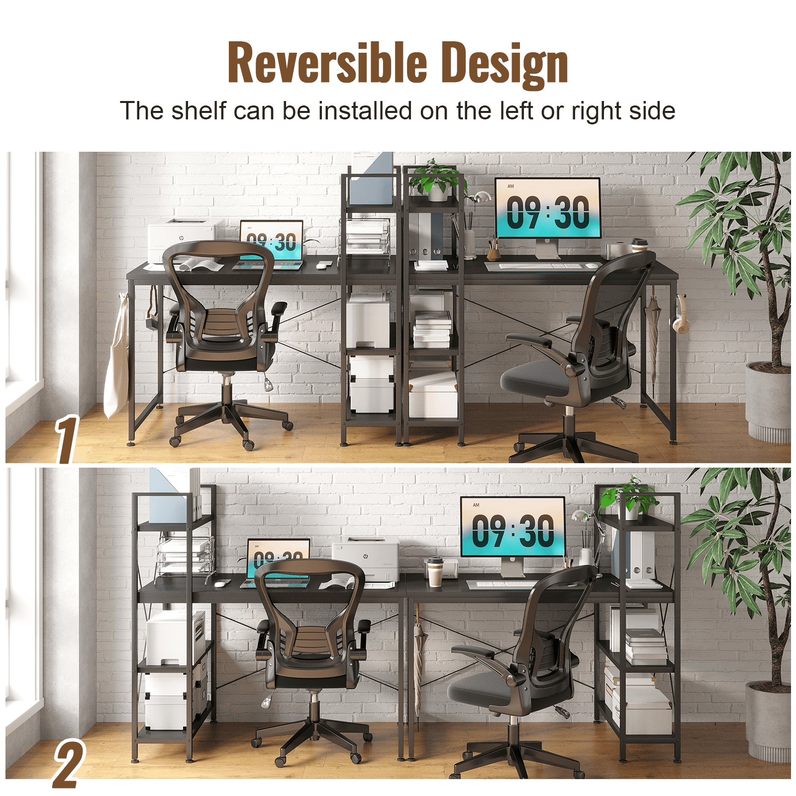 Furnibear 47 inch L-Shape Computer Desk, Wood Computer Desk with Reversible Shelves, Study Writing Table with Hooks, Office Desk Workstation for Home Office