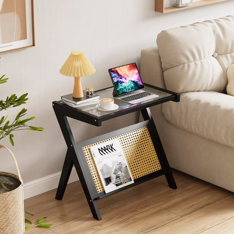 Furnibear Rattan Side Table Bamboo Accent Bedside Table with Tempered Glass Top, Black