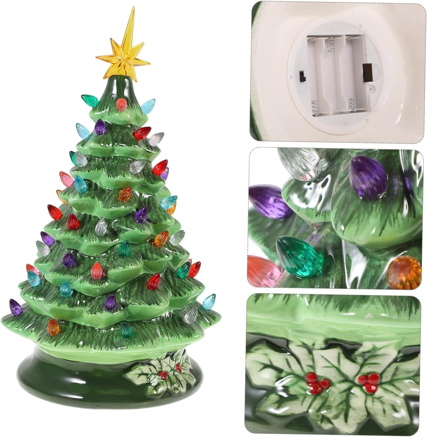 Furnibear 15 Inch Ceramic Christmas Tree, Green Tabletop Decor with LED Lights, Plug-in