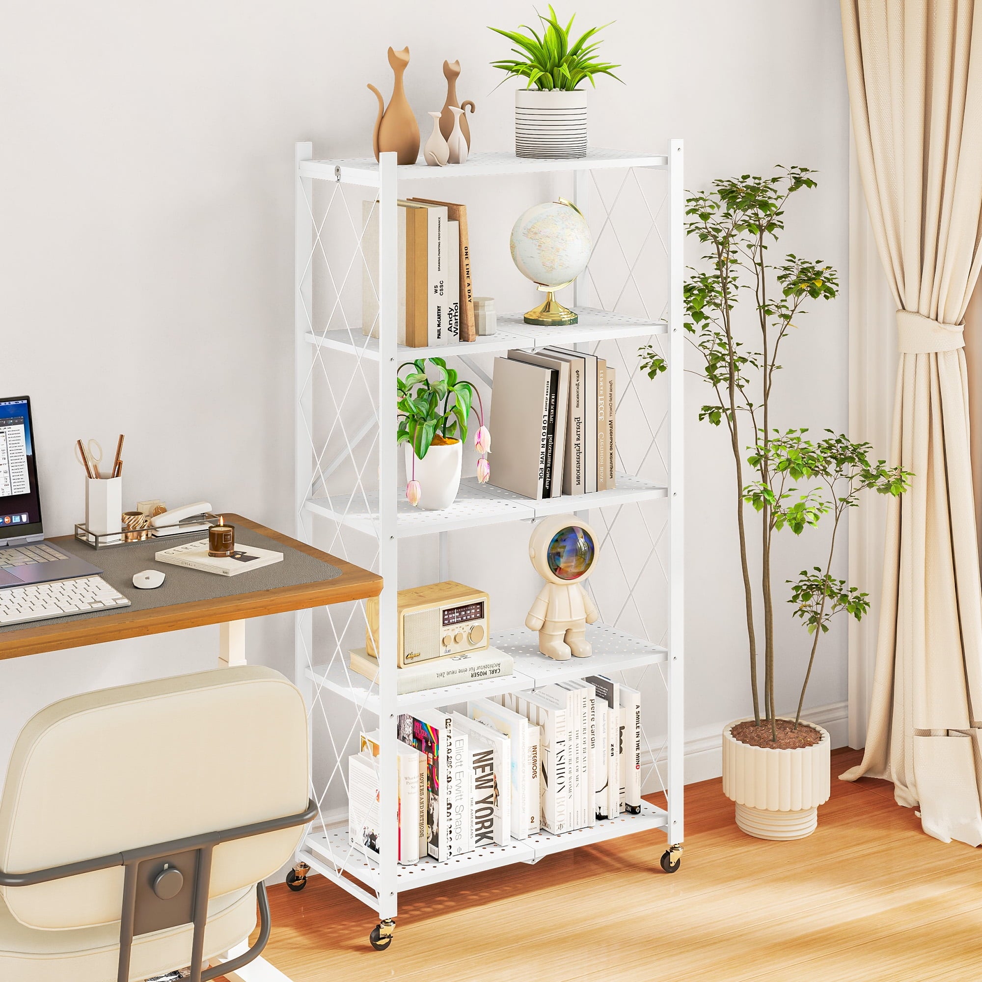 Furnibear 5-Tier Folding Storage Shelves with Wheels, Foldable Metal Rack, Collapsible Shelves for Garage, Kitchen, Basement, White
