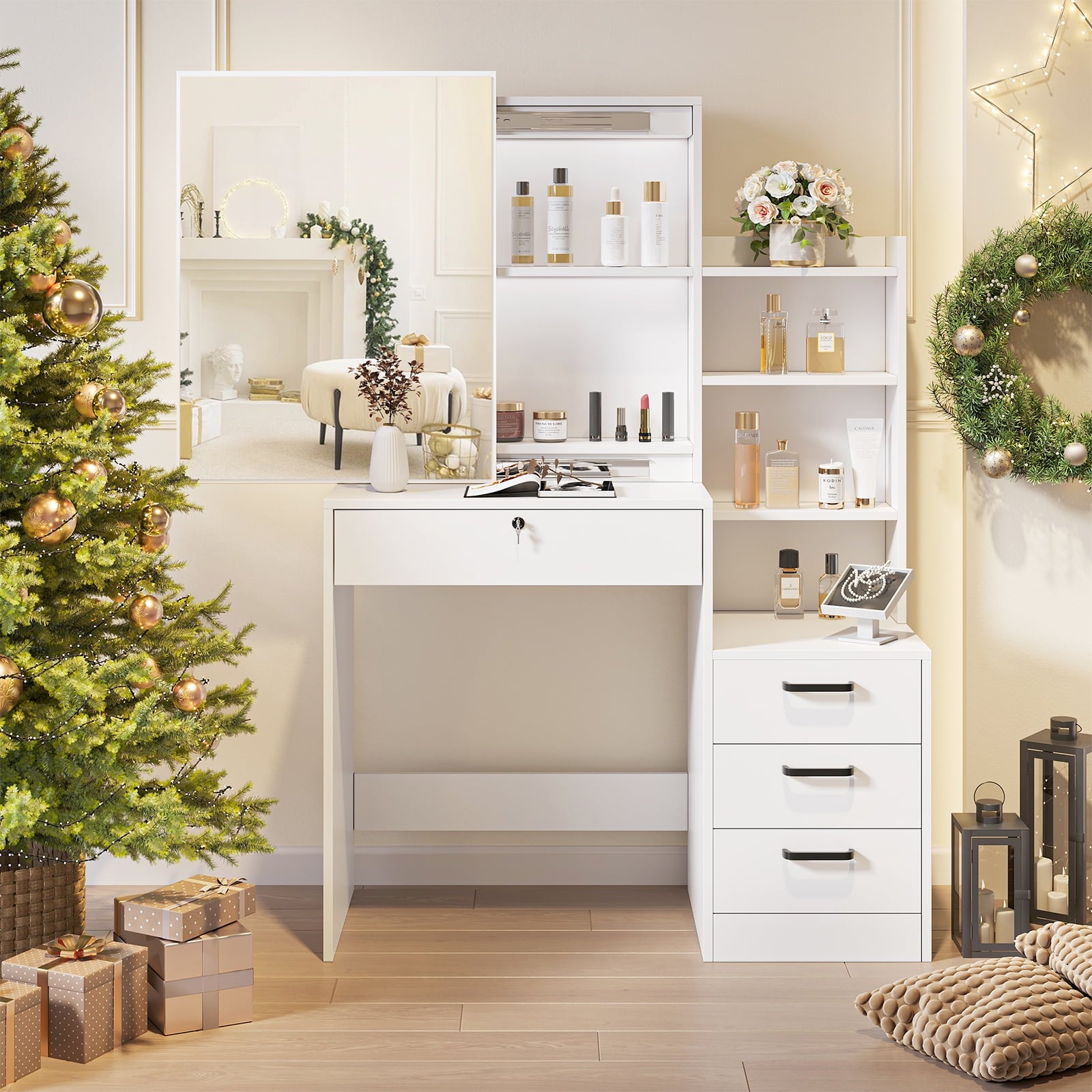 Furnibear 4 Drawer Vanity Table with Sliding Mirror for Bedroom Vanity Desk with 4 Drawers,White