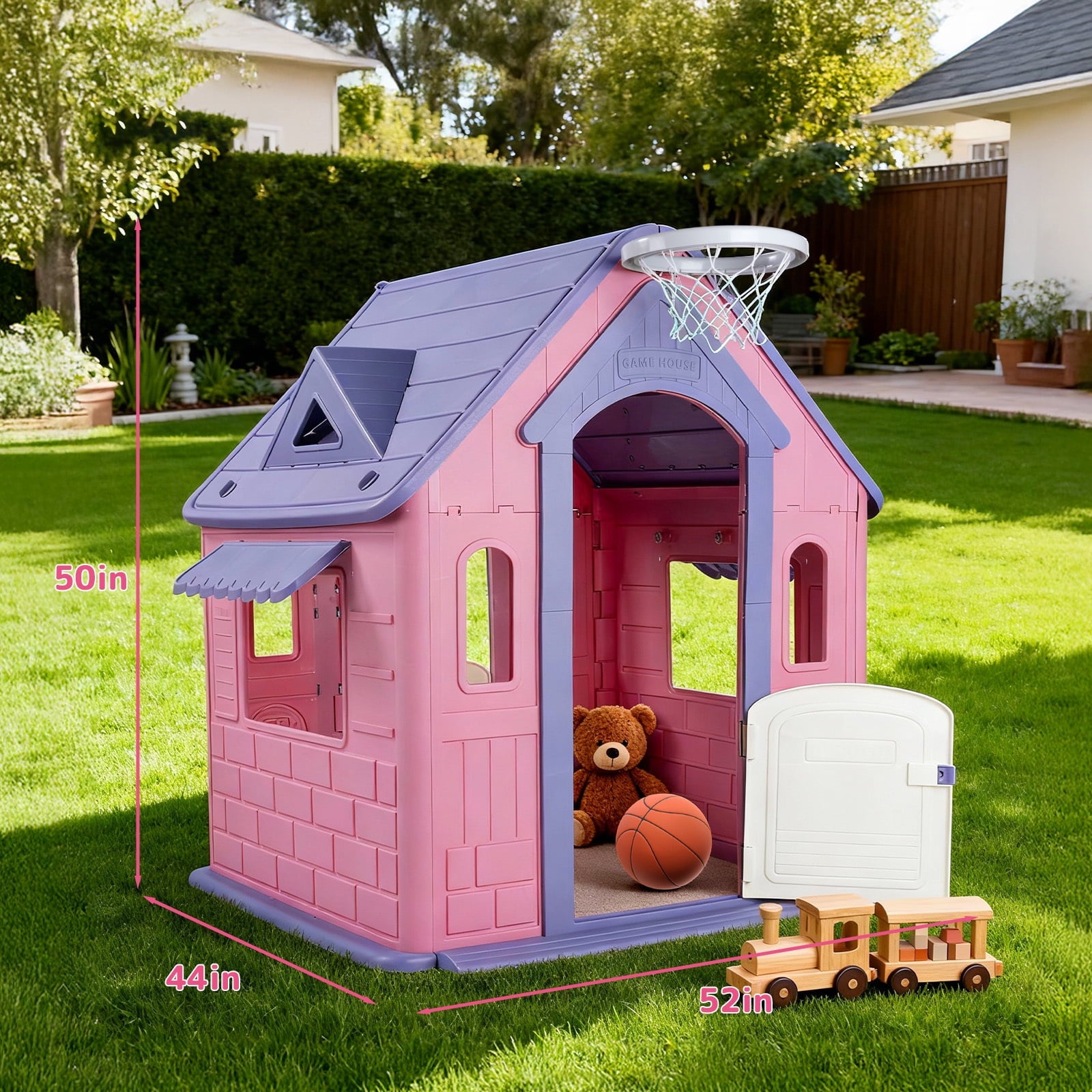 Furnibear Kids Playhouse Indoor Outdoor Slide Football Basketball Ring Toss Play House for Girls Boys Kids 2-8 Years Old