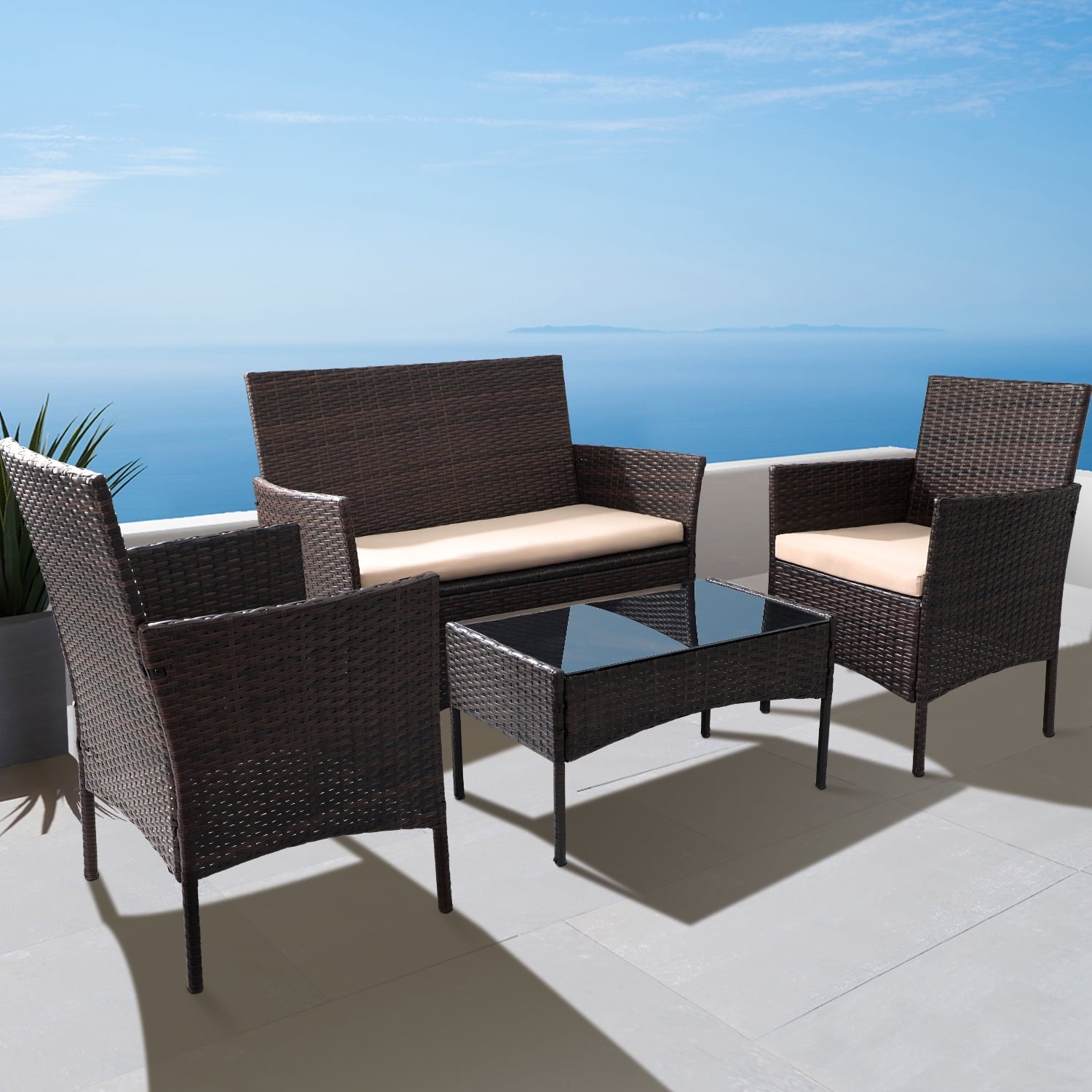 Furnibear 4 Pieces Outdoor Patio Indoor Furniture Sets Rattan Chair Wicker Set for Backyard Porch Garden Poolside Balcony