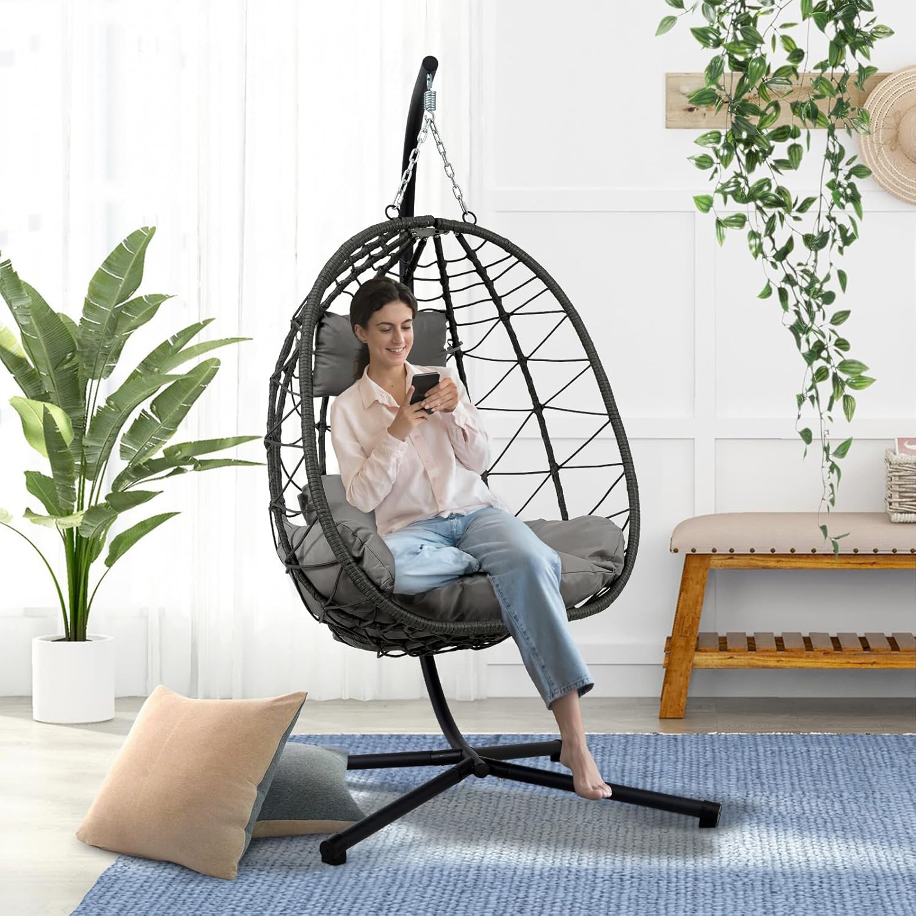 Furnibear Egg Chair with Stand,Patio Rattan Wicker Hanging Swing Egg Chair Hammock Chair for Bedroom Porch Garden,Thickened Aluminum Alloy Steel Frame