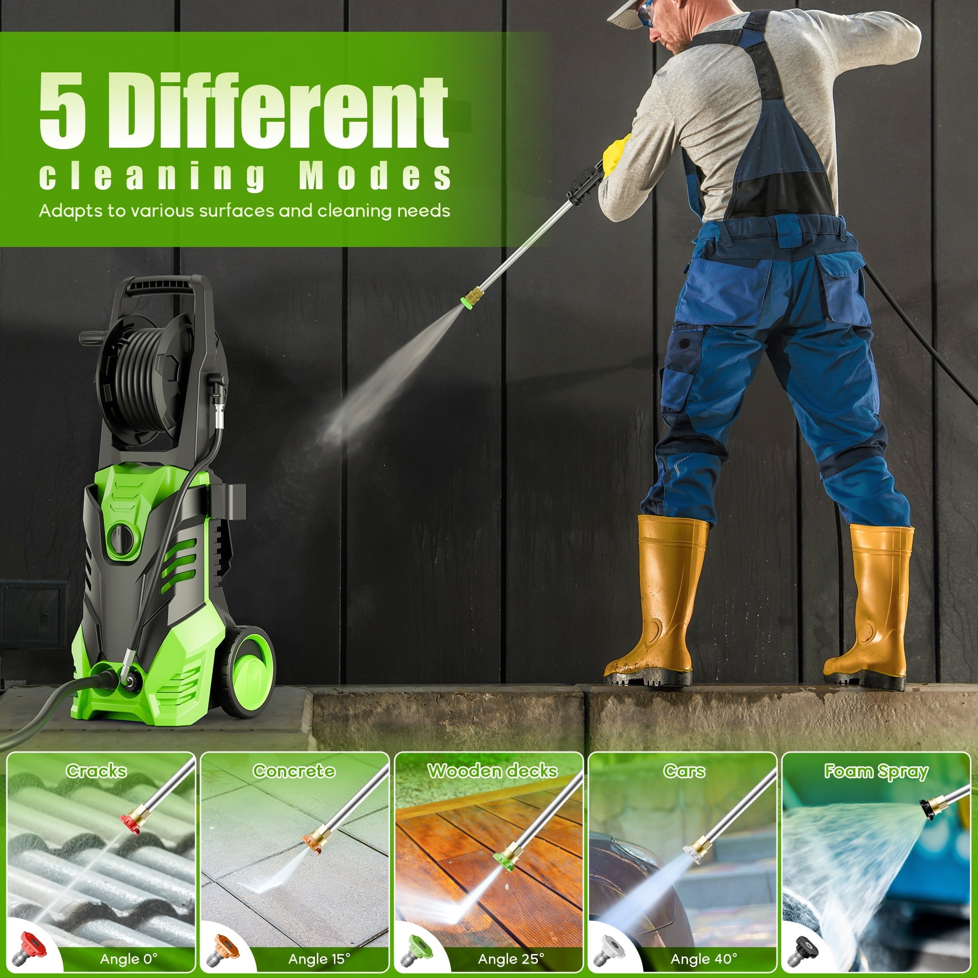 Furnibear 3800 PSI Electric Pressure Washer - Lightweight with Wheels, Easy to Assemble, 2.0GPM, Includes 5 Nozzles for Cars, Fences, Driveways, Green