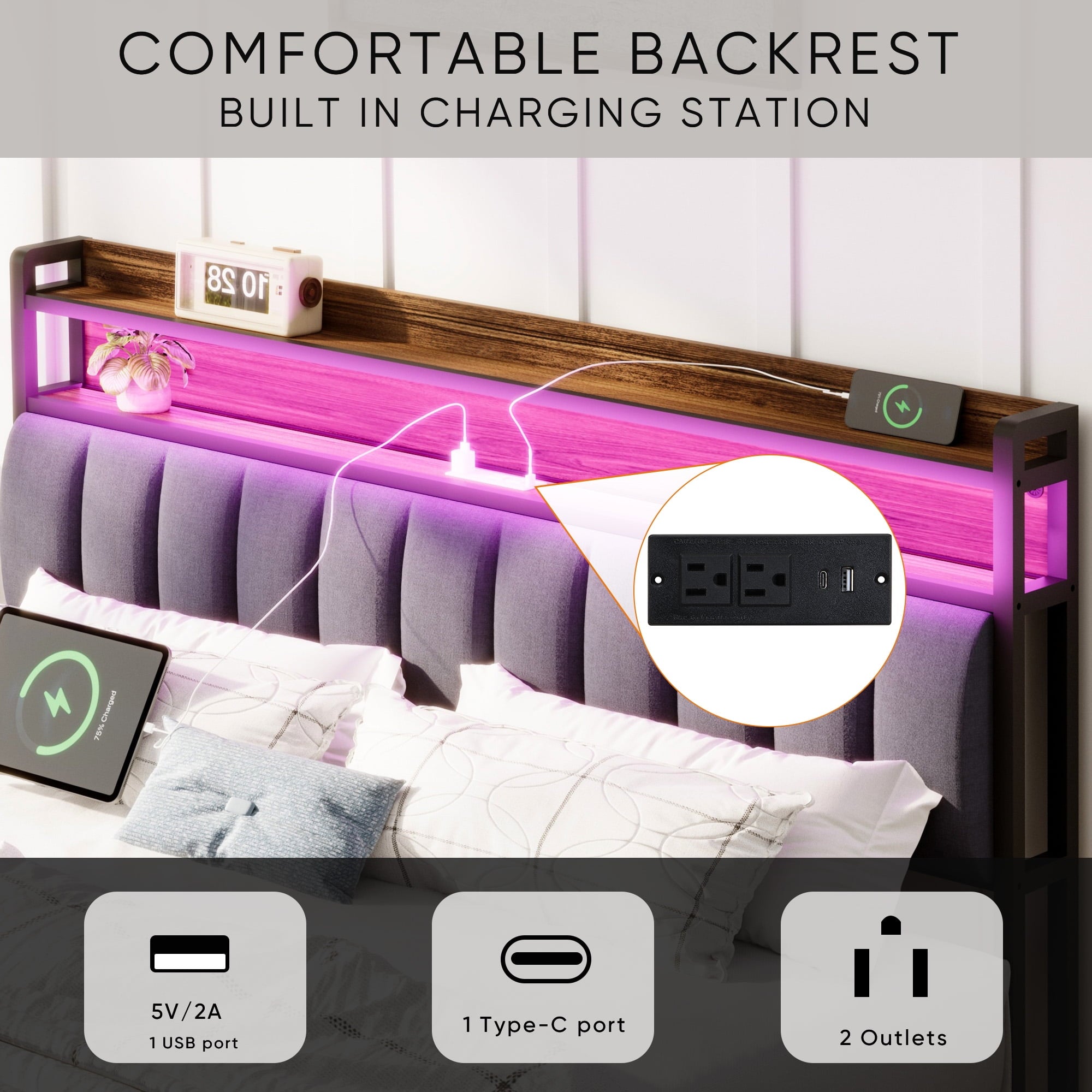 Furnibear Full Bed Frame with Upholstered Storage Headboard and Drawers, LED Platform Bed with Charging Station, No Box Spring Needed