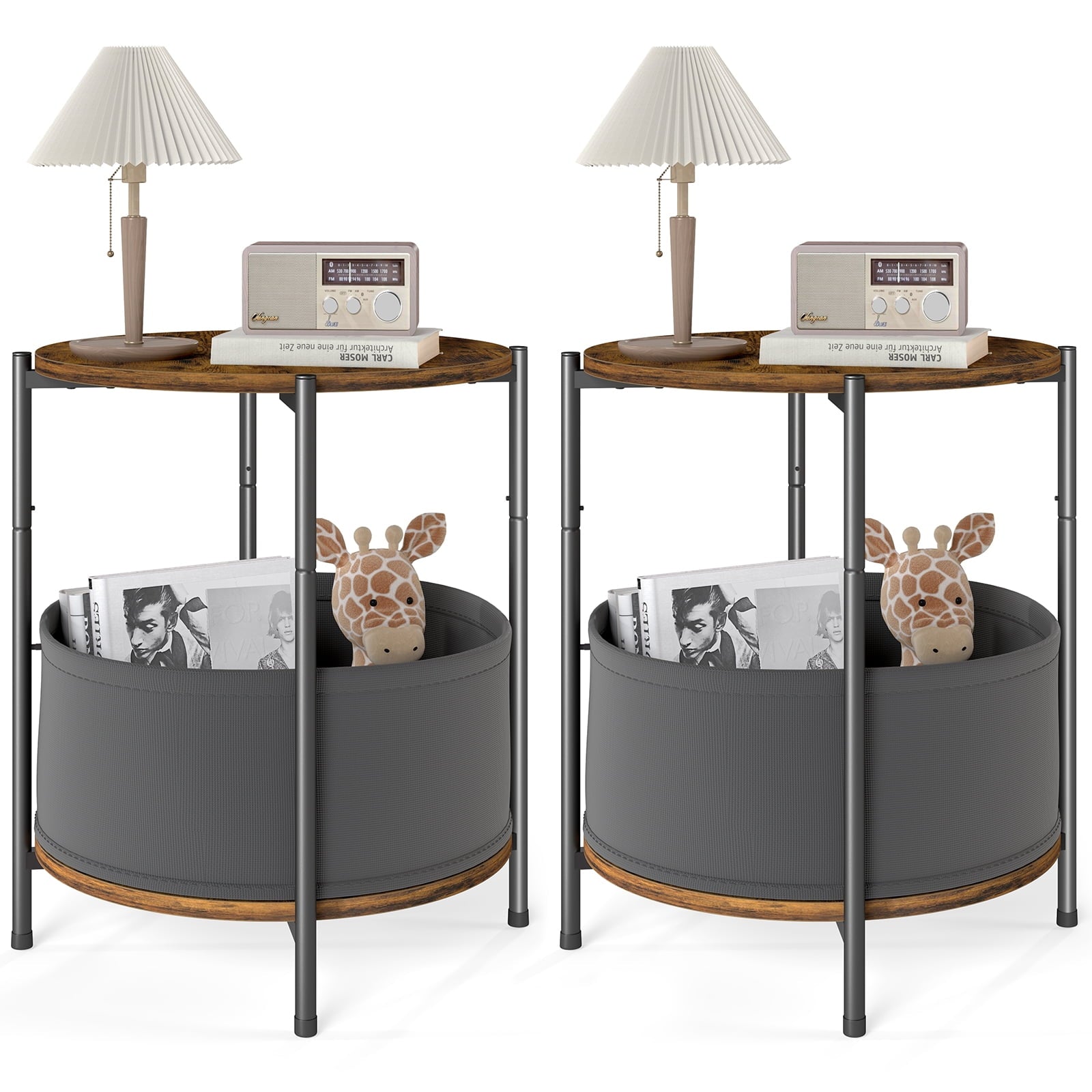 Furnibear Set of 2 Round Side Table Set Night Stand with Removable Fabric Baskets and Wooden Top
