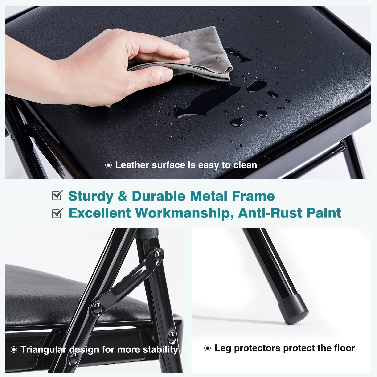 Furnibear 4 Pack Folding Chairs, Leather Padded Cushion Chairs with Comfortable Cushion and Stainless Steel Frame for Home and Office, for Indoor and Outdoor Events
