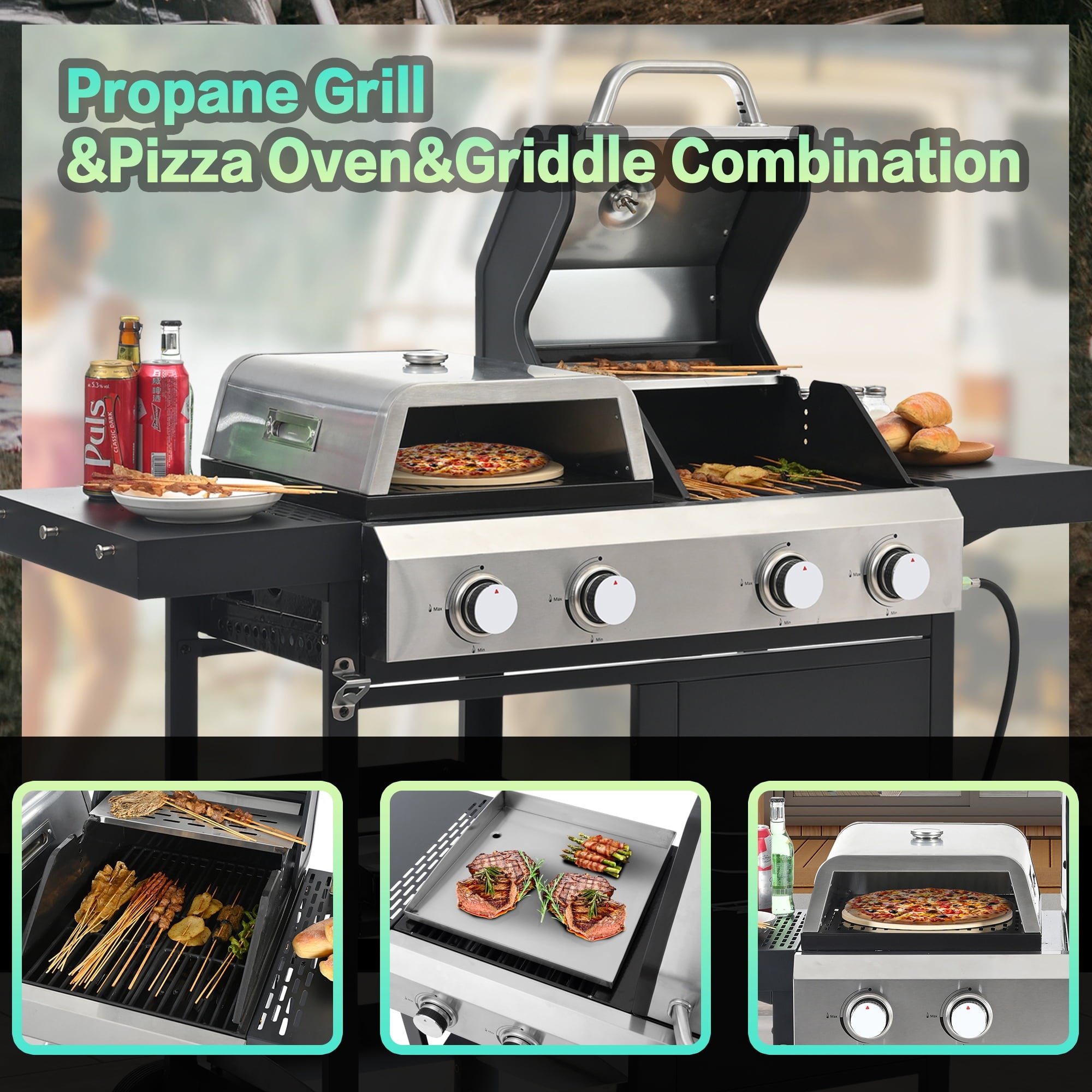 Furnibear 2+2 Multi-function Burner Gas Grill and Griddle, Stainless Steel Cover for Outdoor Cooking While Camping