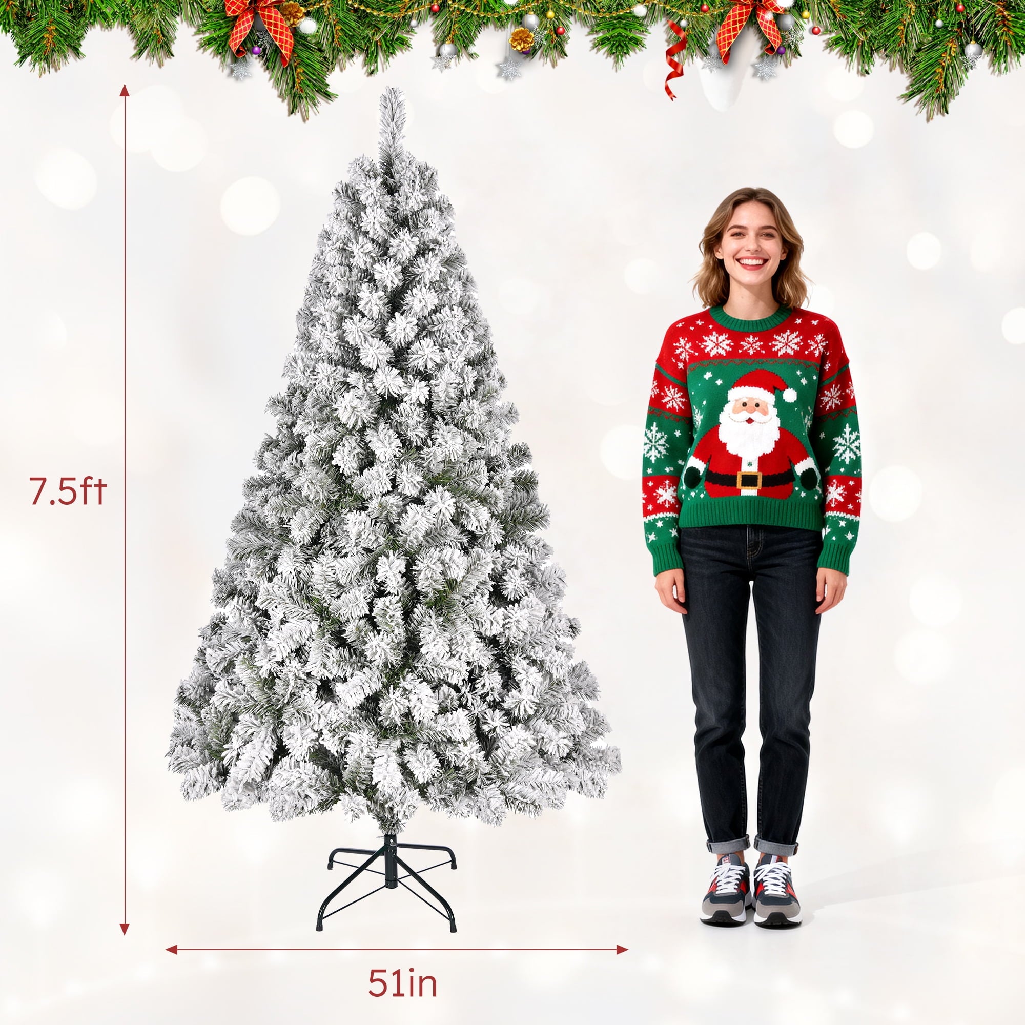 Furnibear 6ft Flocked Artificial Christmas Tree, 1000 Tips Unlit Snowy Tree with Automatic Fluffing