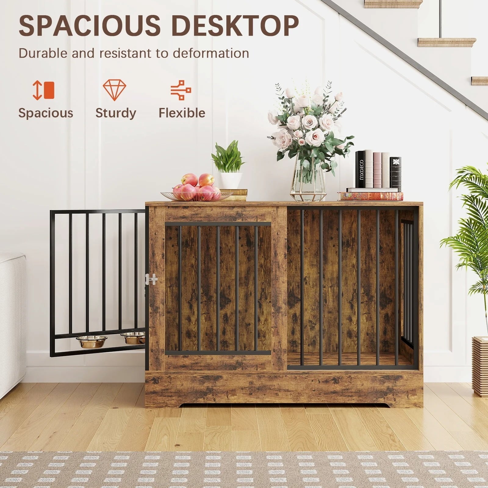 Furnibear 47" Solid Wood Dog Crate Furniture with Double Doors - Heavy Duty Rustic Brown Indoor Kennel w/Removable Dog Bowls, Multi-Functional End Table for Small/Medium/Large Dogs