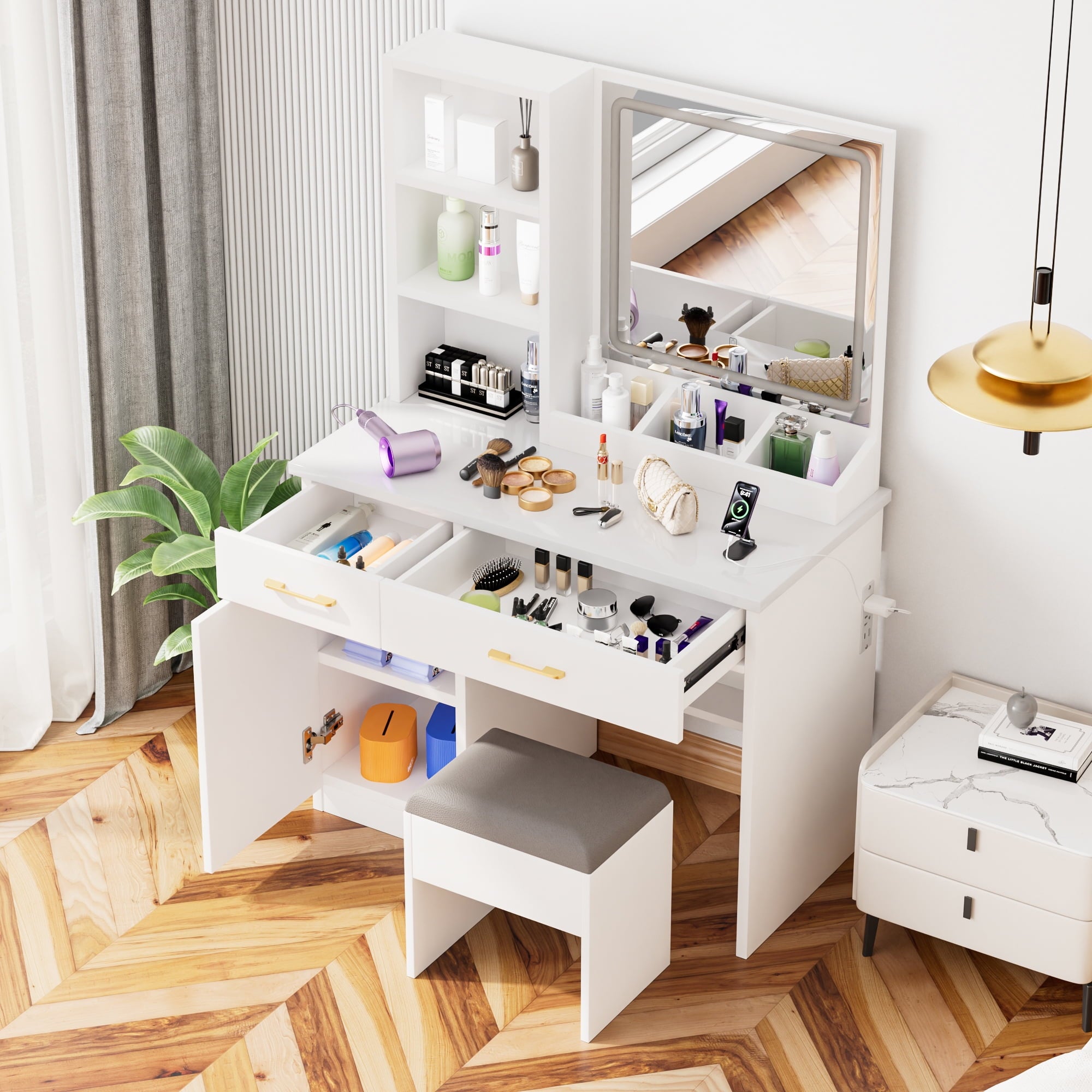 Furnibear Vanity Desk Set with Mirror and Light, Makeup Table with 2 Drawers and Cabinet, Power Outlet and 3 Color Modes Brightness Adjustable