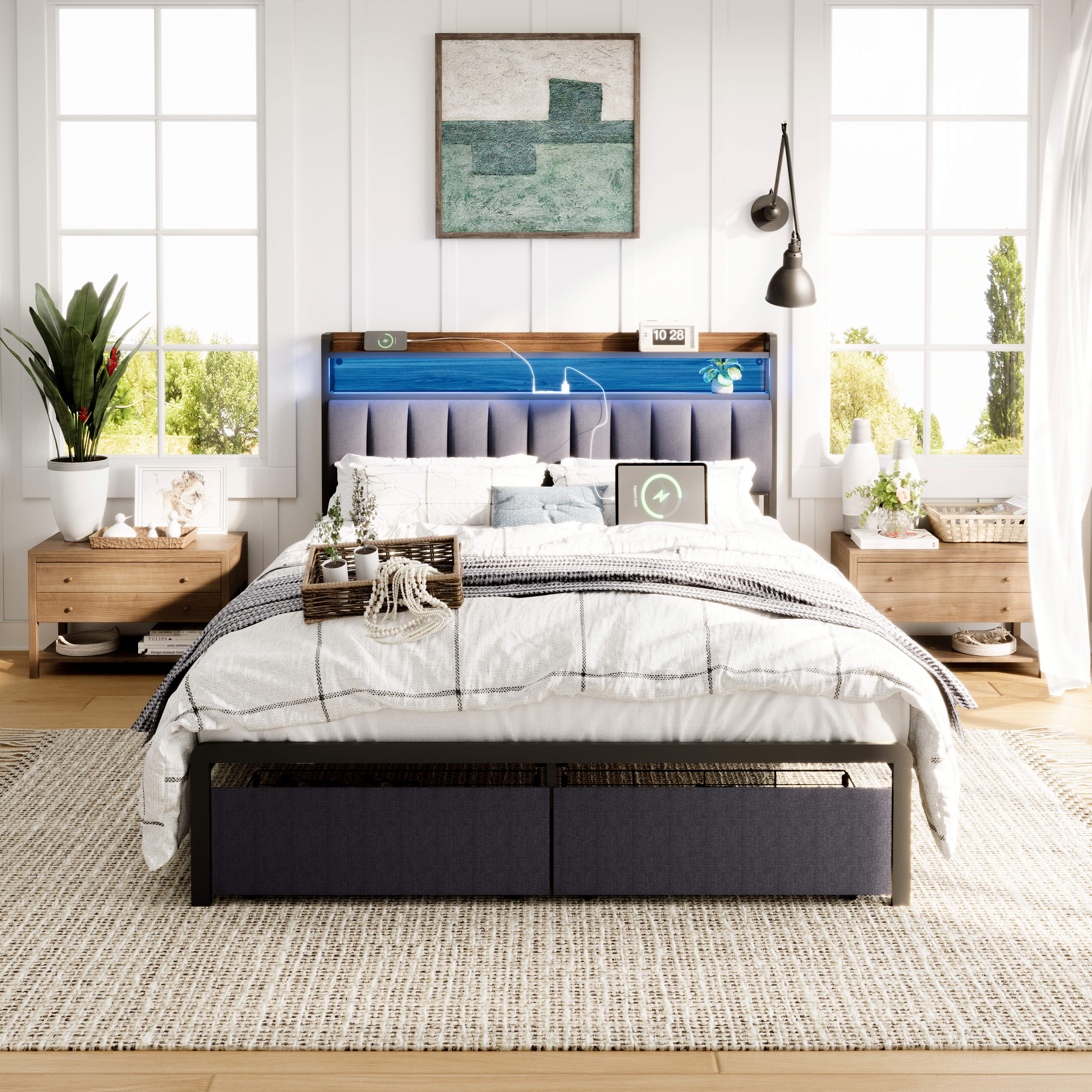 Furnibear Full Bed Frame with Upholstered Storage Headboard and Drawers, LED Platform Bed with Charging Station, No Box Spring Needed