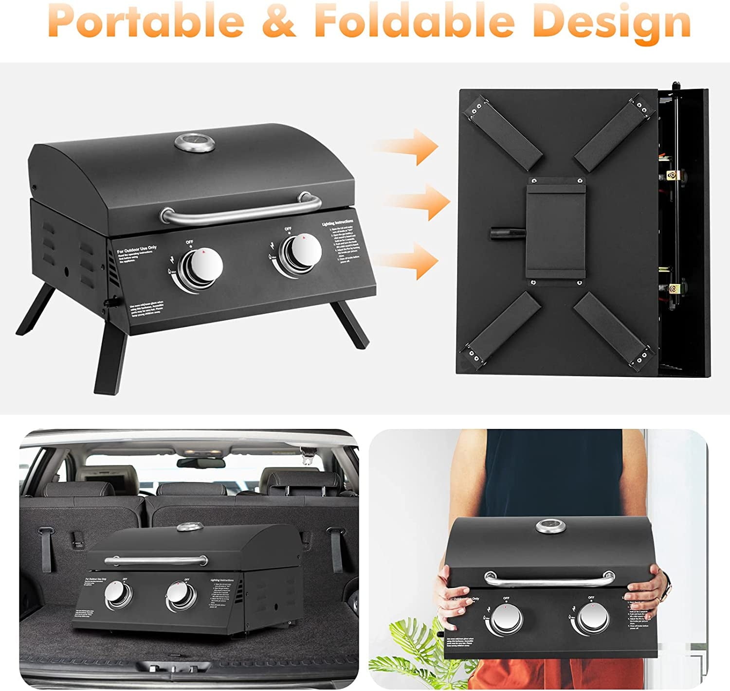 Furnibear 2 Burner Portable Propane Gas Grill, Black