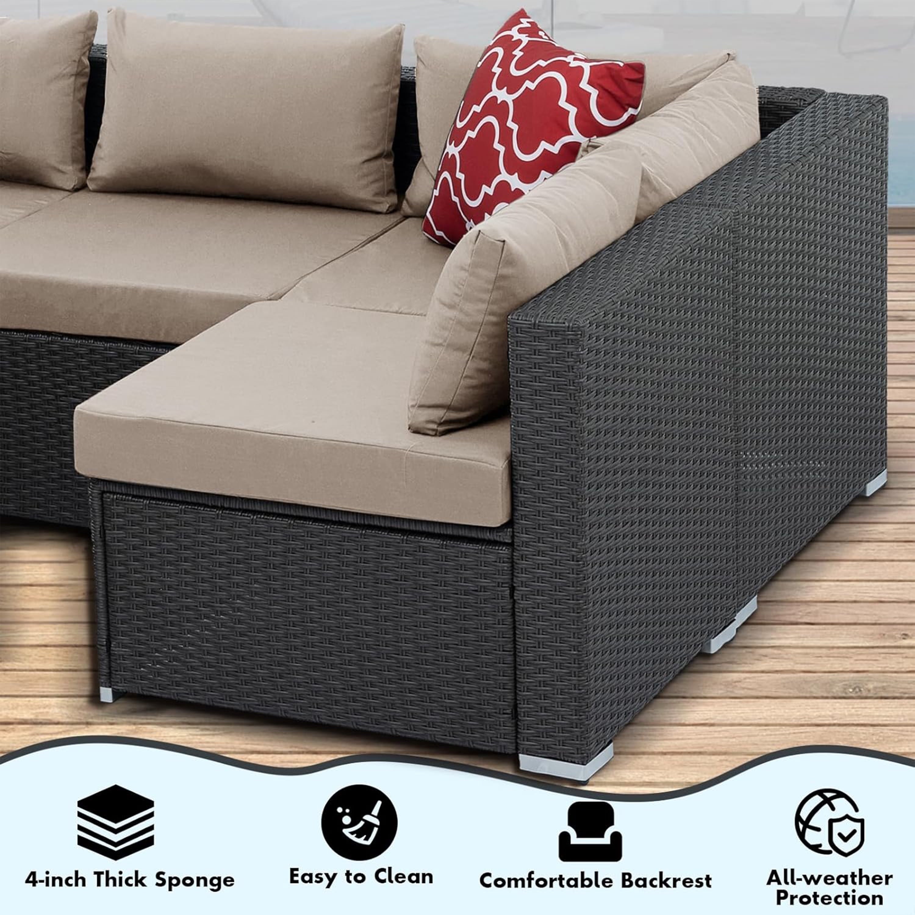 Furnibear 7 Pieces Outdoor Patio Sectional Sofa Couch, Black Wicker Patio Furniture Conversation Sets with Washable Cushions and Glass Coffee Table for Garden, Poolside, Backyard