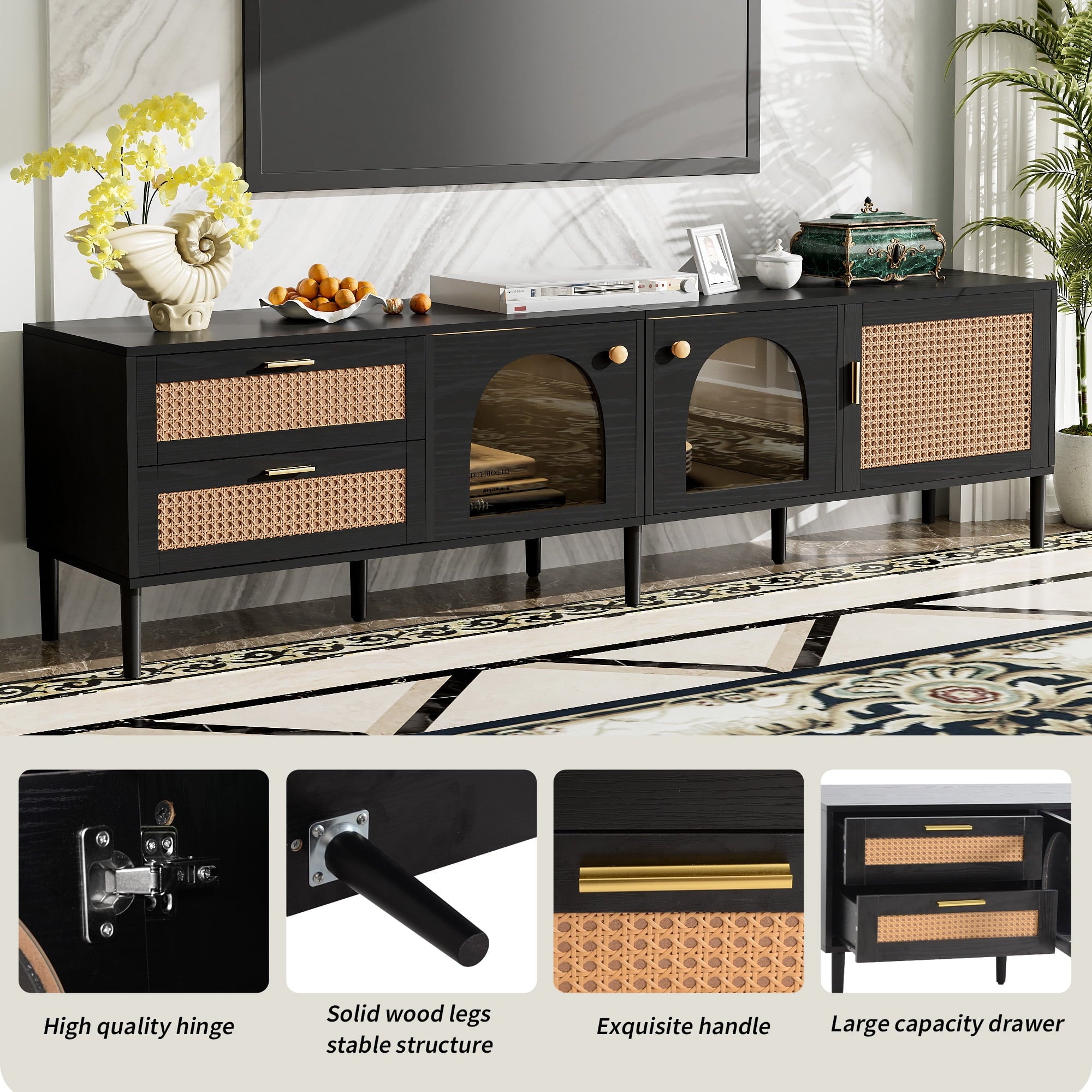 Furnibear Rattan TV Stand for TVs up to 80" with 3 Cabinets & 2 Drawers Media Console Table LED Light Entertainment Center, TV cabinet for Living room, Bedroom, Home Theatre,Black