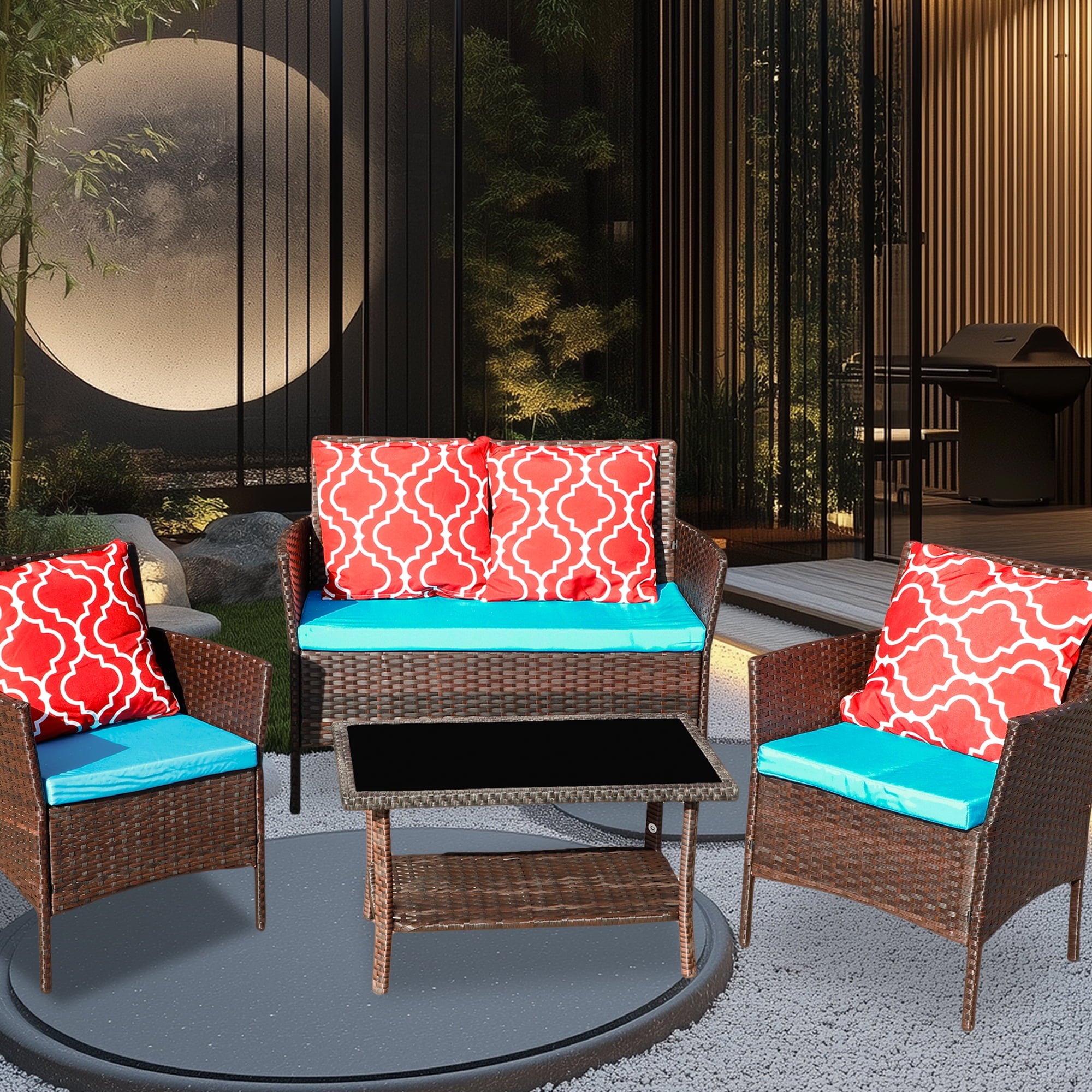 Furnibear Patio Furniture Set, 4 Pieces Outdoor Rattan Chair Wicker Sofa Garden Conversation Bistro Sets for Yard,Pool or Backyard