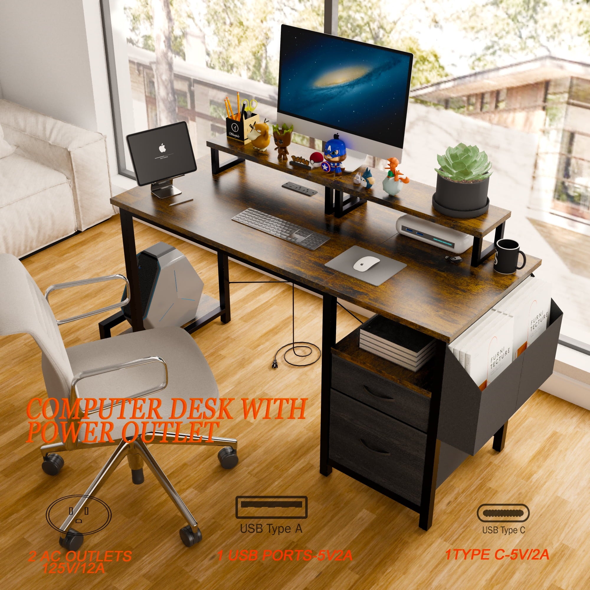 Furnibear Computer Desk with Drawer and Power Outlets, 47in Office Desk with 2 Monitor Stands and Fabric File Cabinet for Home Office, Small Space