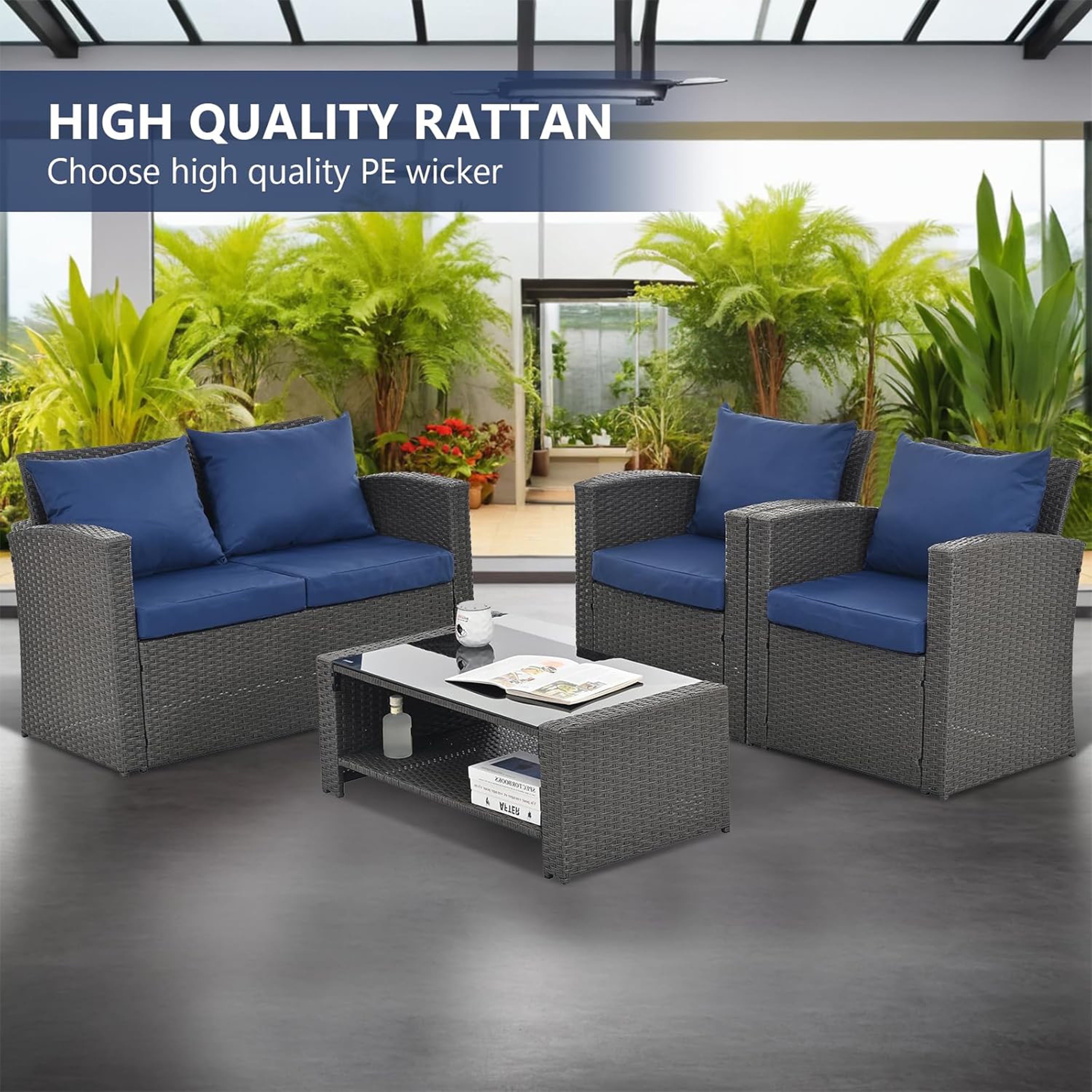 Furnibear 4 Pieces Patio Conversation Set, Outdoor Rattan Sectional Sofa, Cushioned Patio Furniture Set, Wicker Sofa Ideal for Garden, Porch, Backyard