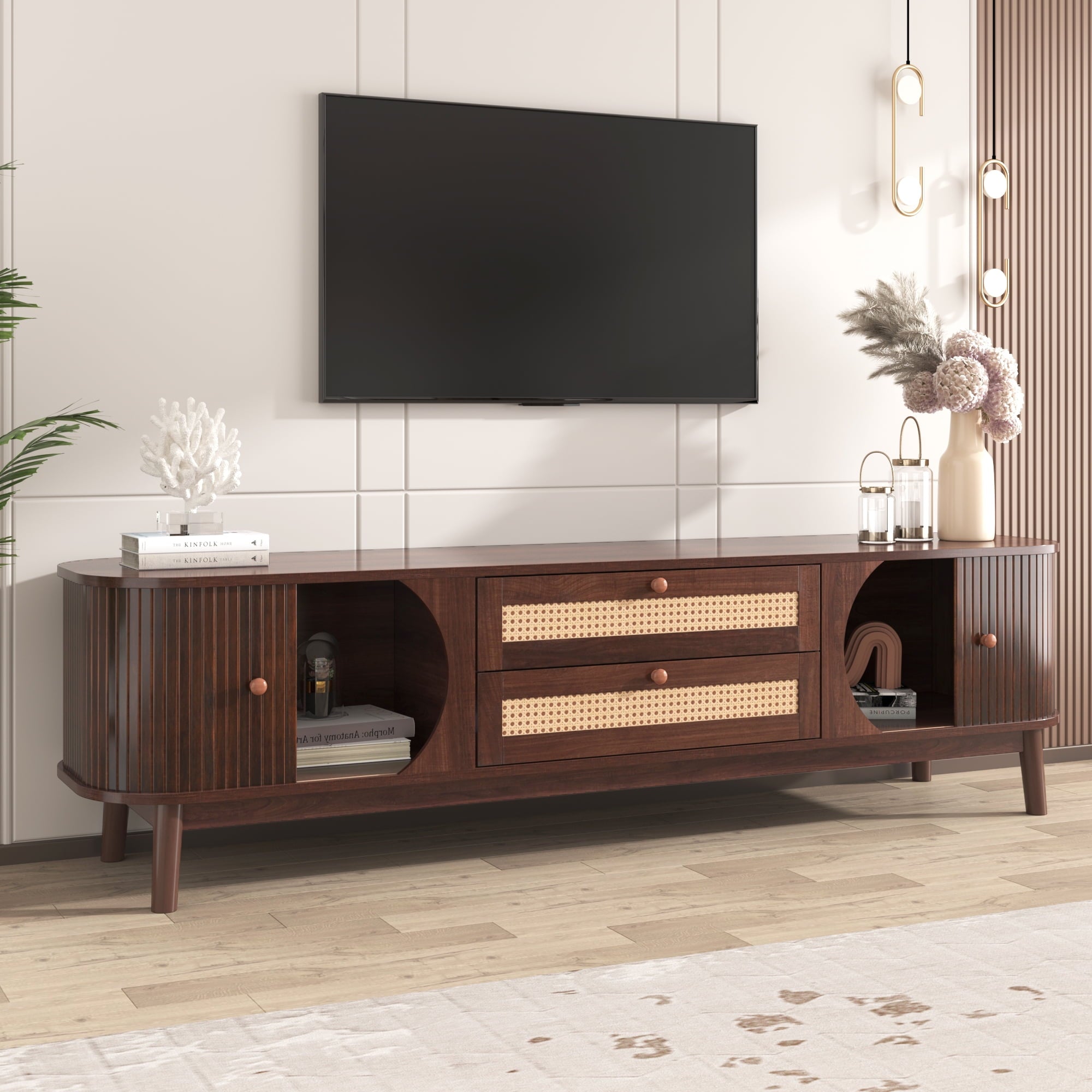 Furnibear Rattan TV Stand for TVs up to 75 inch, Modern Farmhouse Media Console, Entertainment Center with Solid Wood Legs, TV Cabinet for Living Room,Home Theatre