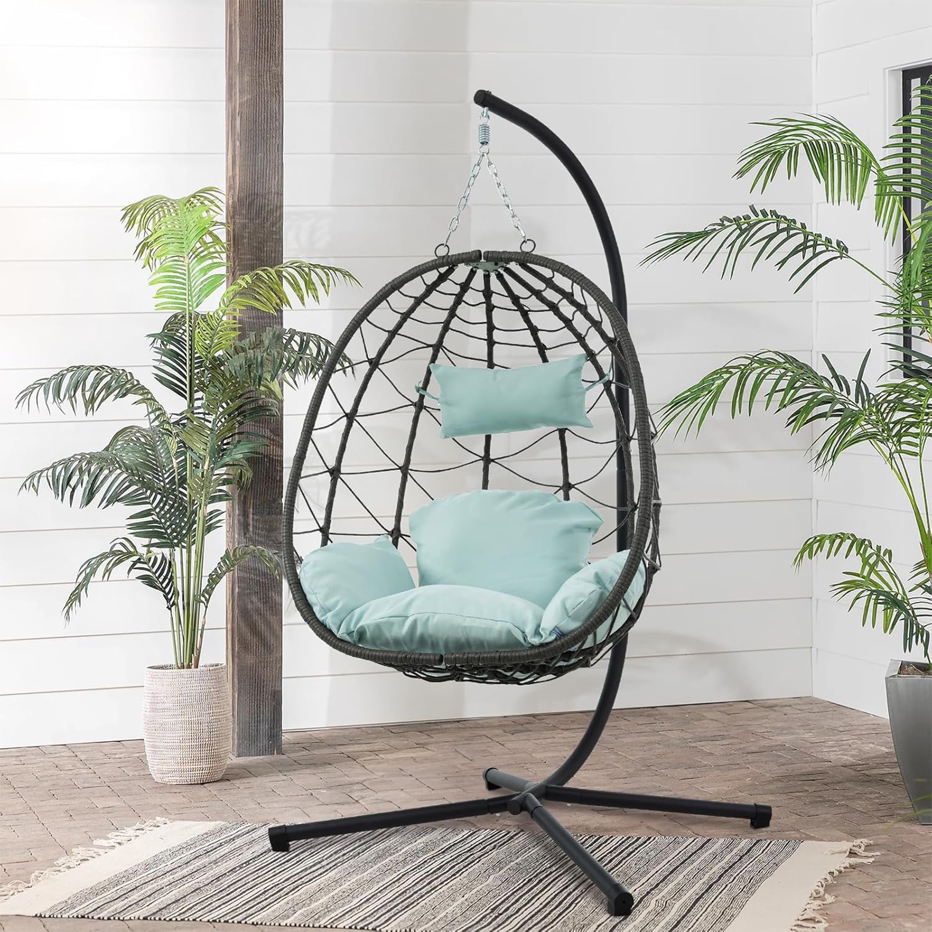 Furnibear Egg Chair with Stand,Patio Rattan Wicker Hanging Swing Egg Chair Hammock Chair for Bedroom Porch Garden,Thickened Aluminum Alloy Steel Frame