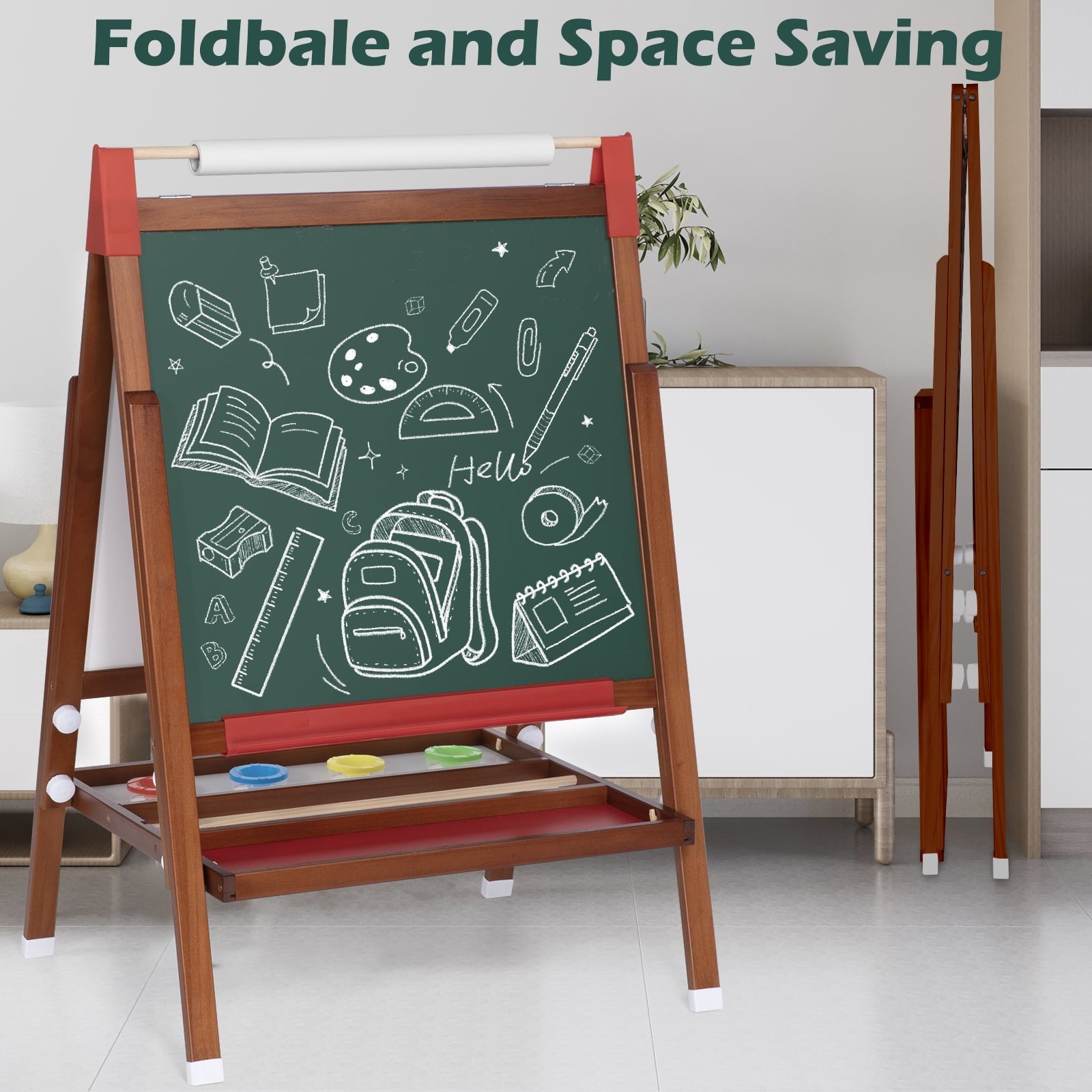 Furnibear Wooden Height-Adjustable Kids Art Easel (Fits Ages 3-12) - Double-Sided Magnetic Board (Dry Erase Whiteboard + Chalkboard), Smooth Burr-Free, Easy to Clean, Natural wood color