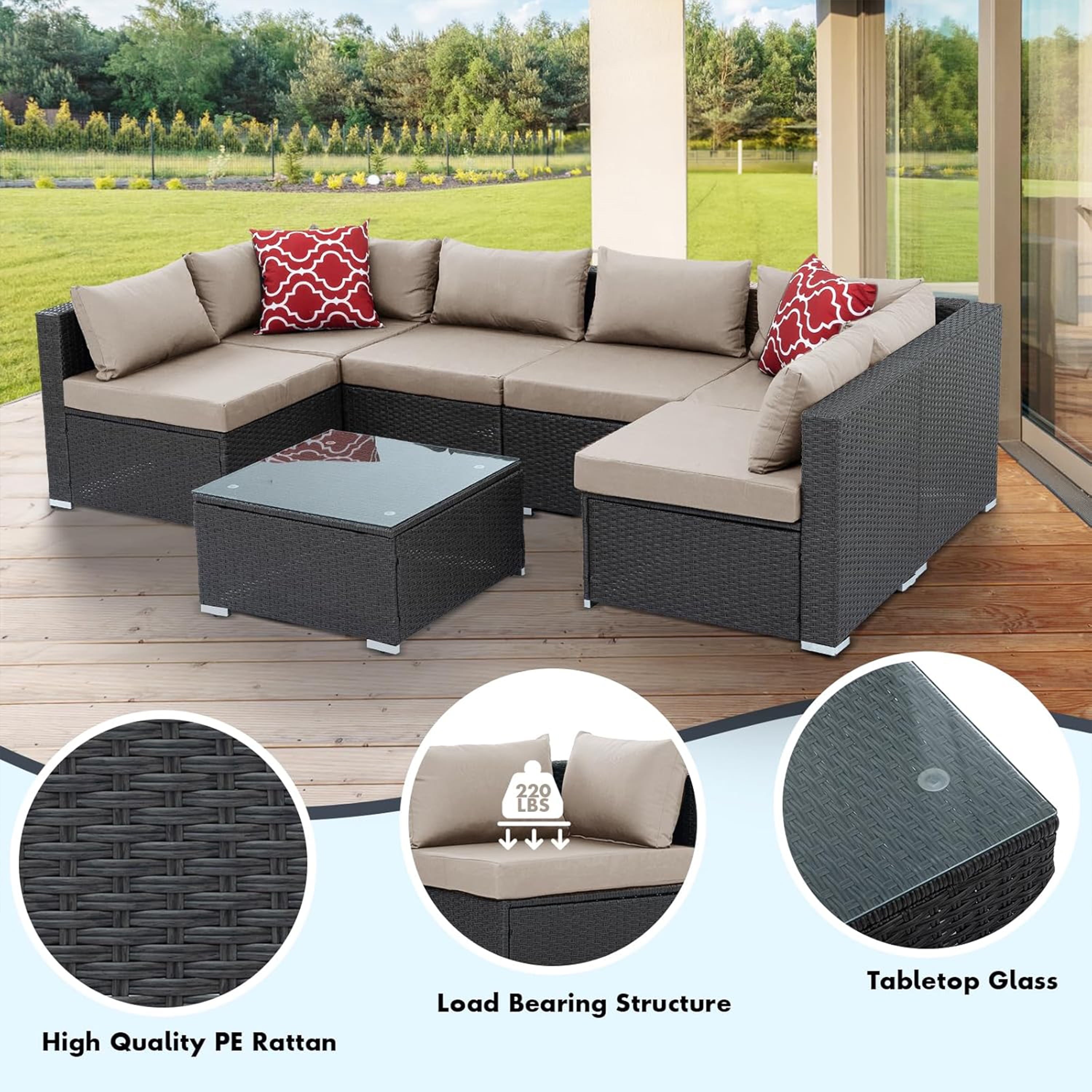 Furnibear 7 Pieces Outdoor Patio Sectional Sofa Couch, Black Wicker Patio Furniture Conversation Sets with Washable Cushions and Glass Coffee Table for Garden, Poolside, Backyard