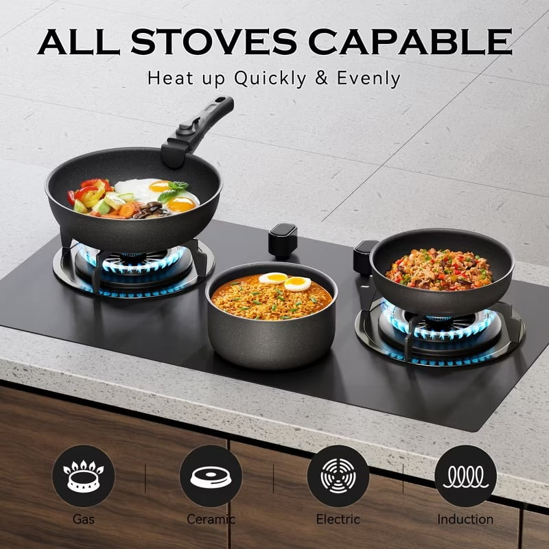 Furnibear 18-Piece Granite Ceramic Nonstick Cookware Set-Detachable Handle for Space-Saving, Compatible with Induction/Gas Stoves, Oven,Dishwasher Safe, Black