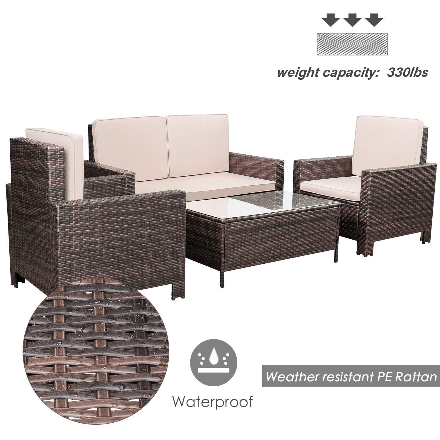Furnibear 4 Pieces Outdoor Patio Furniture Sets Rattan Chair Wicker Conversation Sofa Set, Outdoor Indoor Backyard Porch Garden Poolside Balcony Use Furniture, Beige