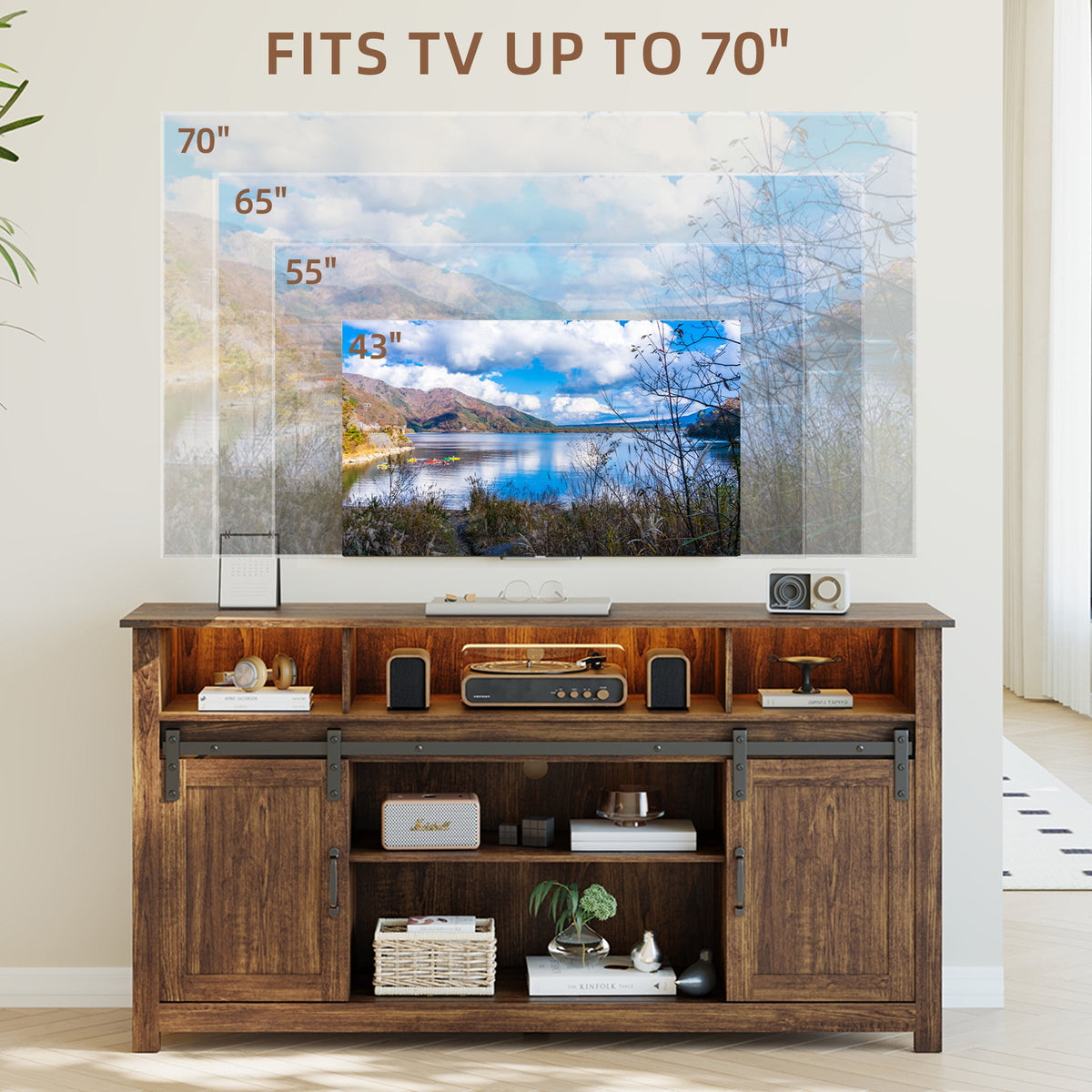 Furnibear LED Farmhouse TV Stand for 70 65 60 Inch TVs,Entertainment C
