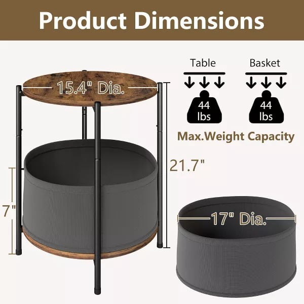Furnibear Set of 2 Round Side Table Set Night Stand with Removable Fabric Baskets and Wooden Top