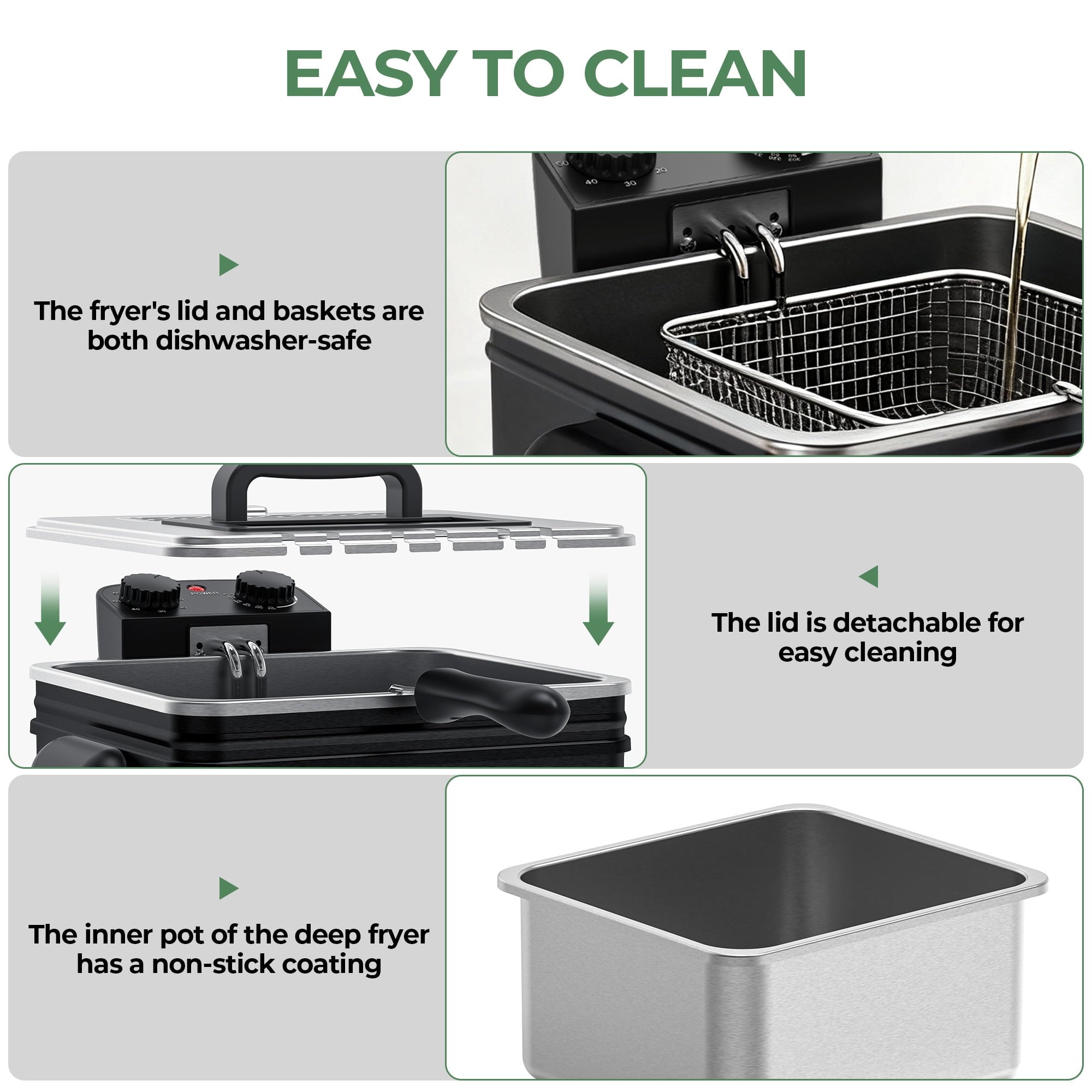 Furnibear Electric Deep Fryer with 3 Frying Baskets, 5L 1700W Large Fryer Adjustable Temperature,View Window Lid for Kitchen, Fry Fish for Home Use,Black