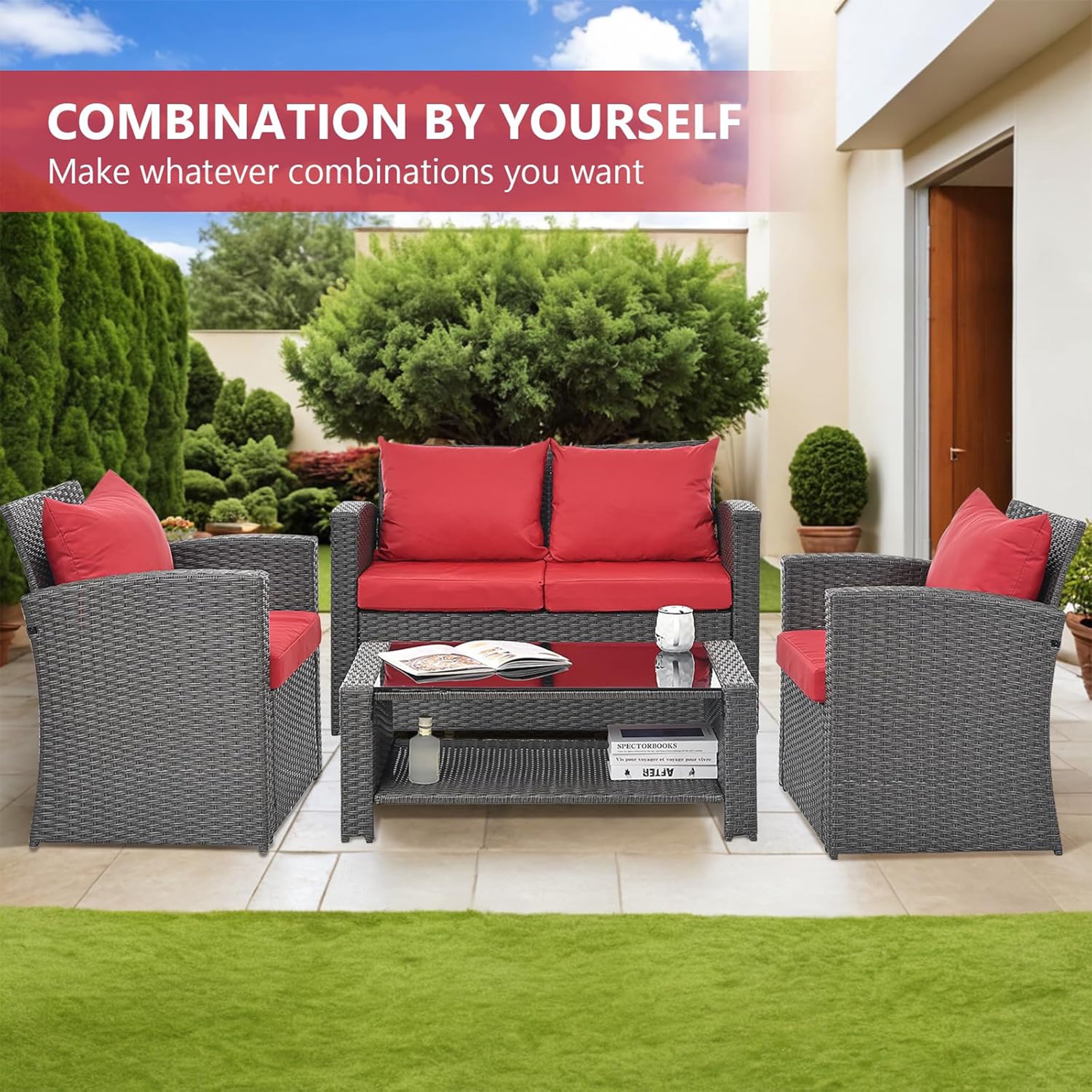 Furnibear 4 Pieces Patio Conversation Set, Outdoor Rattan Sectional Sofa, Cushioned Patio Furniture Set, Wicker Sofa Ideal for Garden, Porch, Backyard