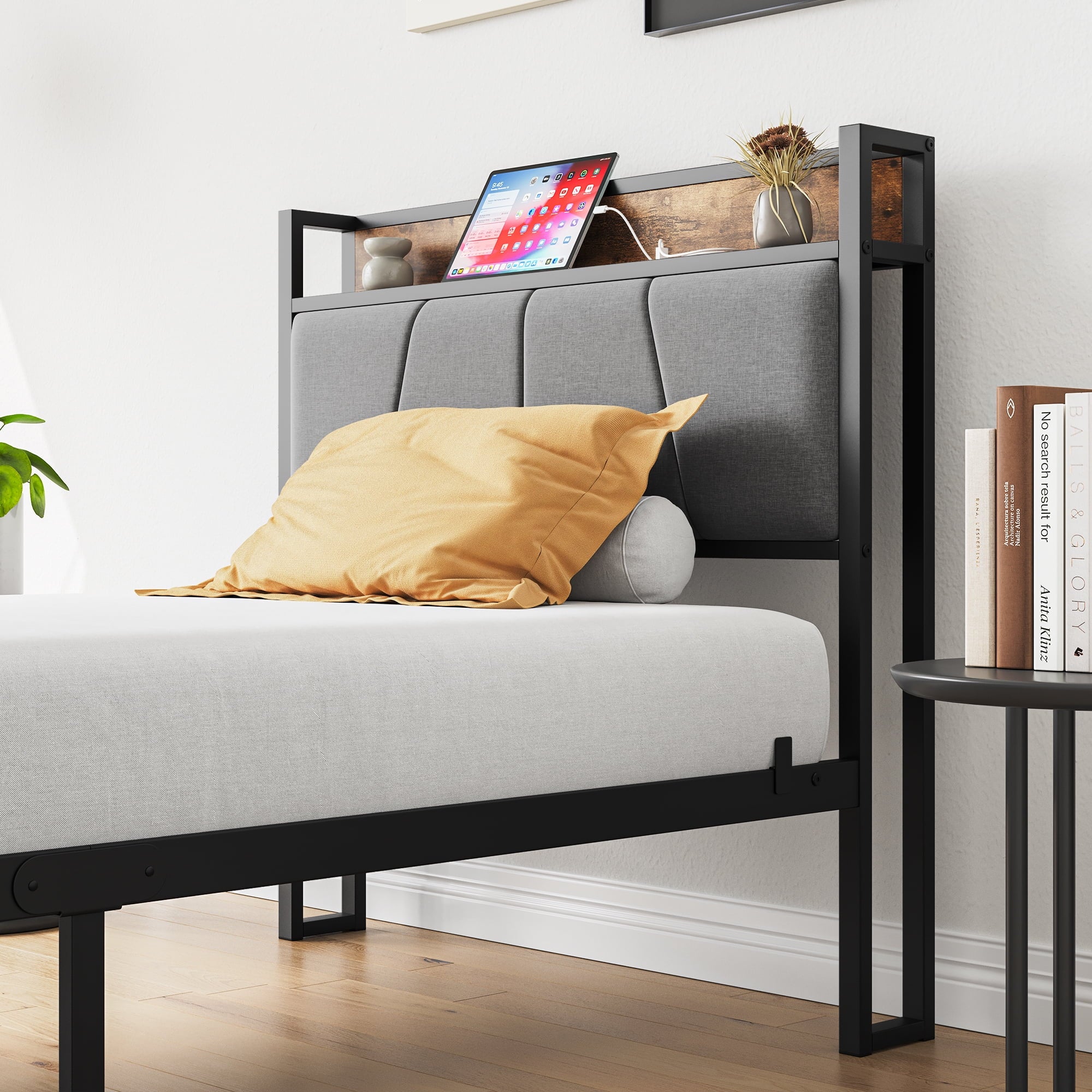 Furnibear TWIN SIZE Bed Frame with Storage Headboard and USB Charging Station, Sturdy Shake-Free Platform, No Box Spring Needed, Easy Tool-Free Assembly