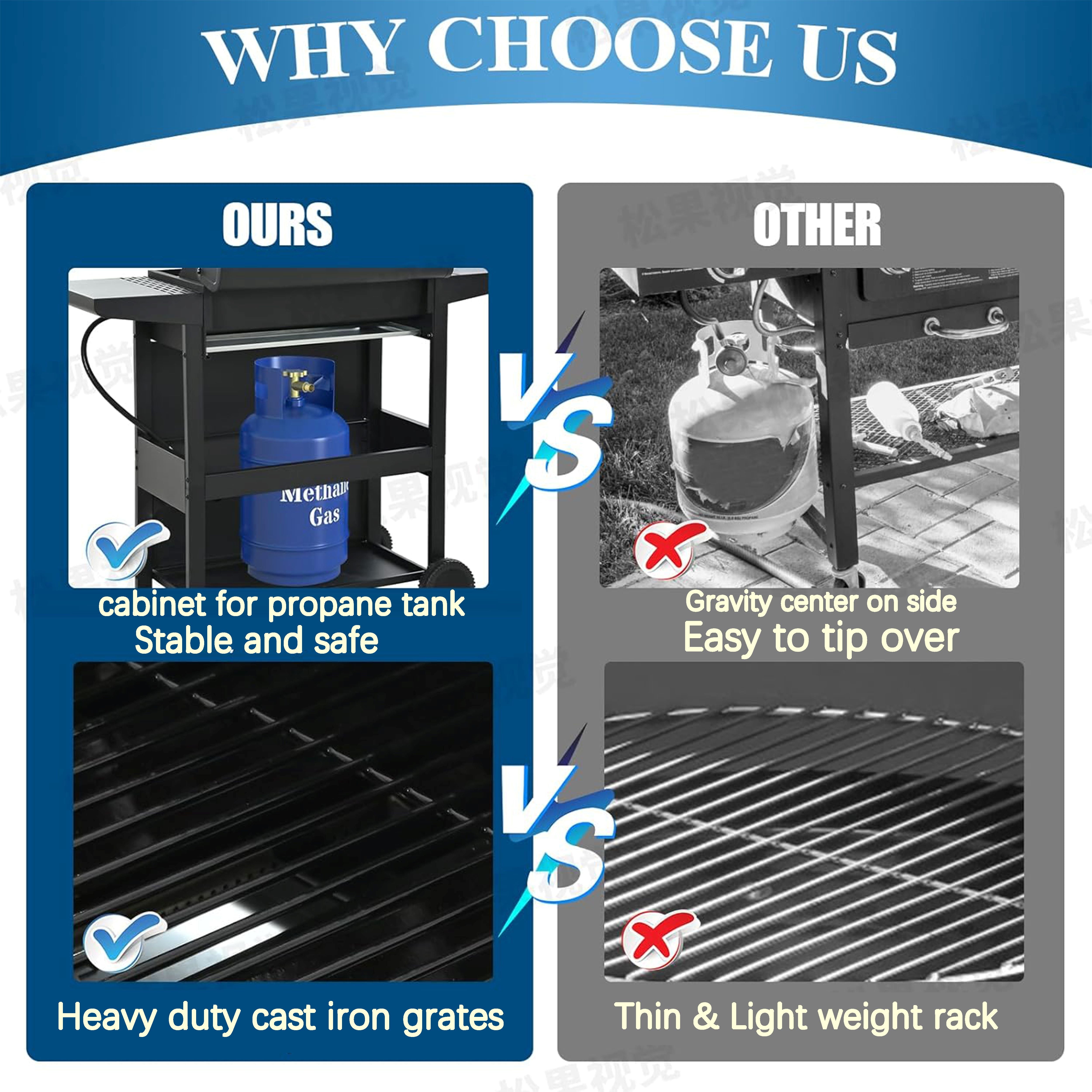 Furibear 4 Burners BBQ Propane Gas Grill, Freestanding Grill Cart with Wheels, Stainless Steel Heavy-Duty Cabinet Style, Outdoor BBQ Grill for Garden Backyard Cooking Barbecue