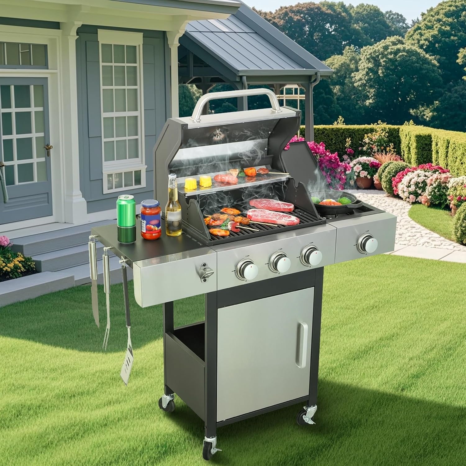 Furnibear 3-Burner Gas Grill Side Burner, Propane Stainless Steel BBQ Grill with Porcelain-Enameled Cast Iron Grates, 37150 BTU Barbecue Grill for Outdoor Cooking