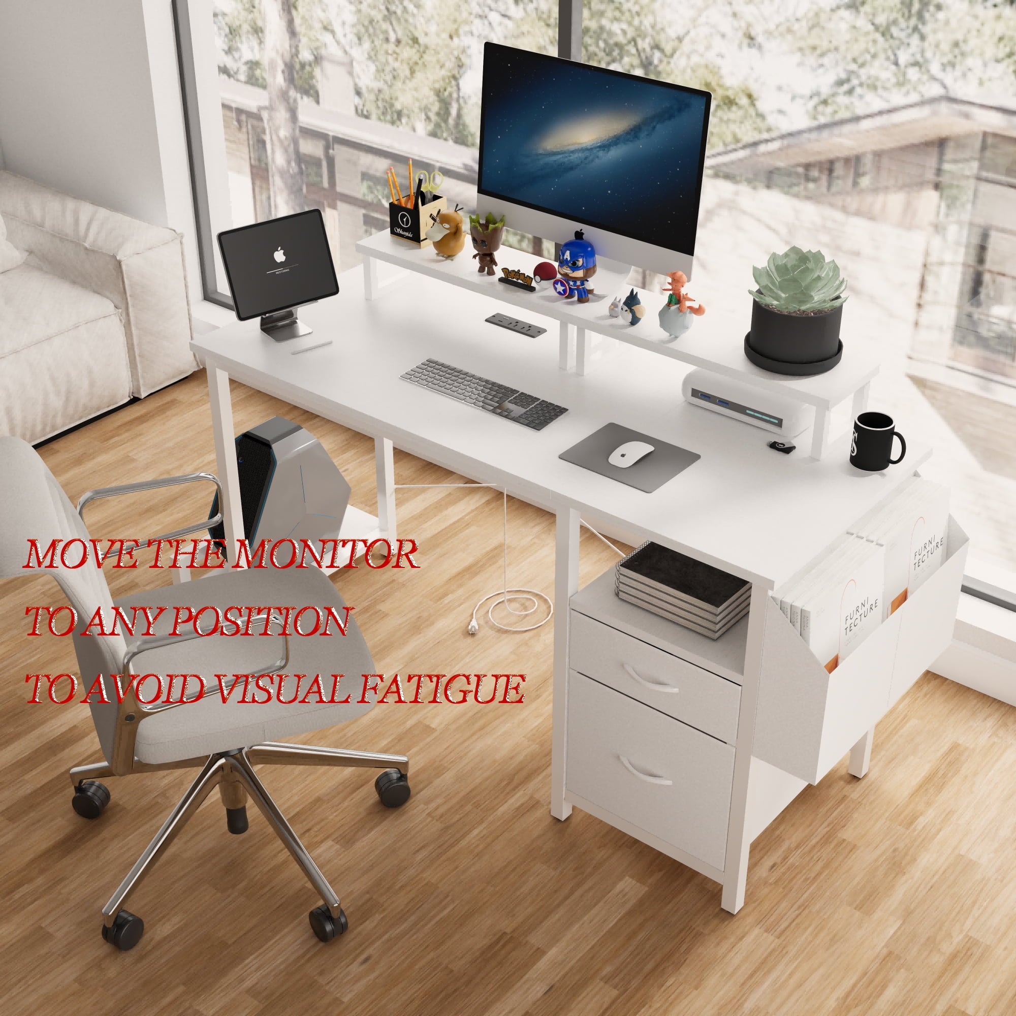 Furnibear Computer Desk with Drawer and Power Outlets, 47in Office Desk with 2 Monitor Stands and Fabric File Cabinet for Home Office, Small Space