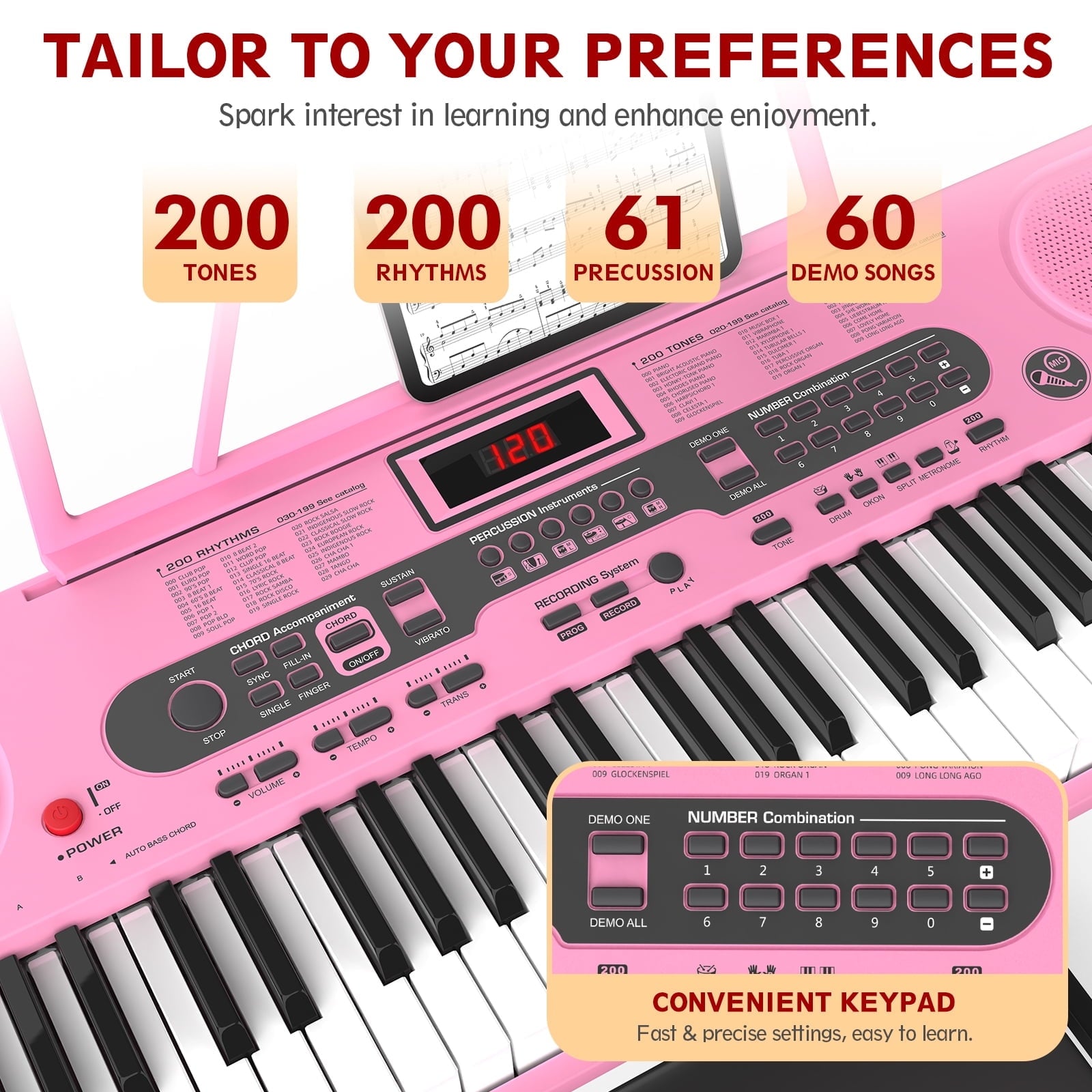 Furnibear 61 Key Piano Keyboard with Lighted Keys Stand Bench Microphone Headphone and Built-in Speakers for Beginners, Pink