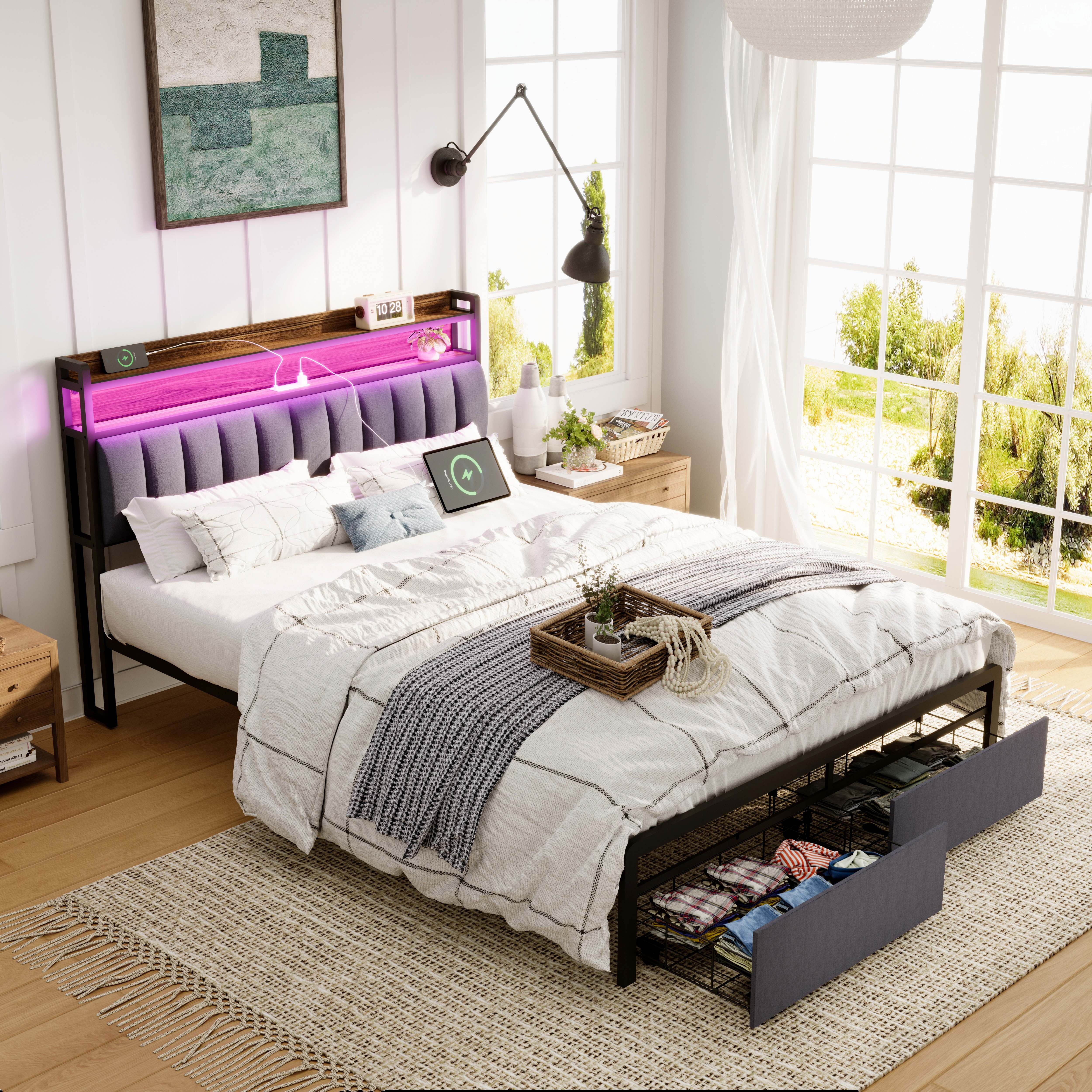 Furnibear Full Bed Frame with Upholstered Storage Headboard and Drawers, LED Platform Bed with Charging Station, No Box Spring Needed