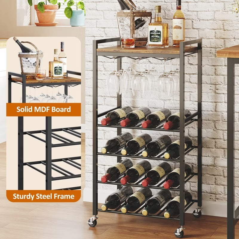 Furnibear 5-Tier Rolling Wine Rack with Glass Holder Tabletop - Holds 16 Bottles, Rustic Brown Iron/Wood Design for Kitchen, Bar or Dining Room