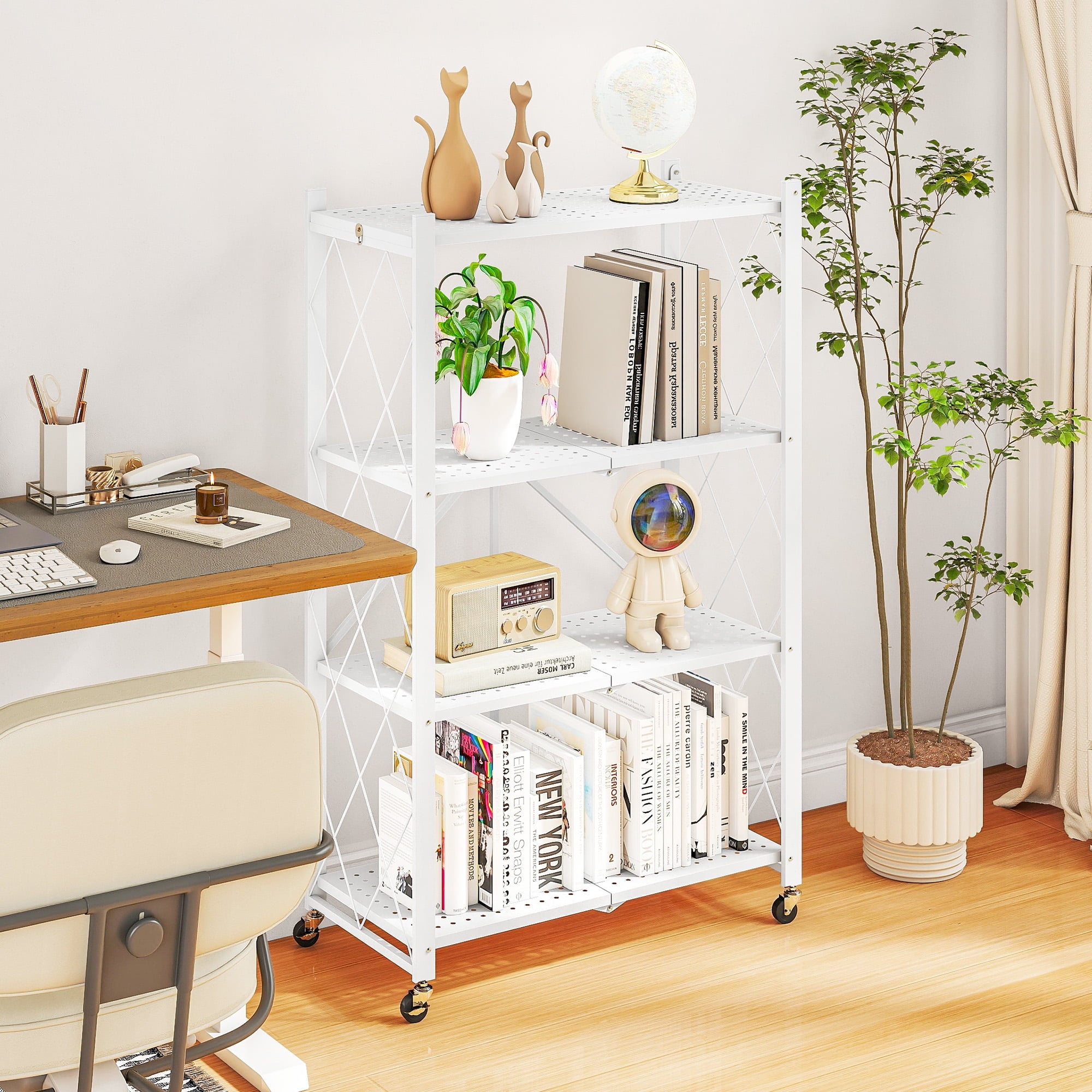 Furnibear 4-Tier Folding Storage Shelves with Wheels, Foldable Metal Rack, Collapsible Shelves for Garage, Kitchen, Basement, White