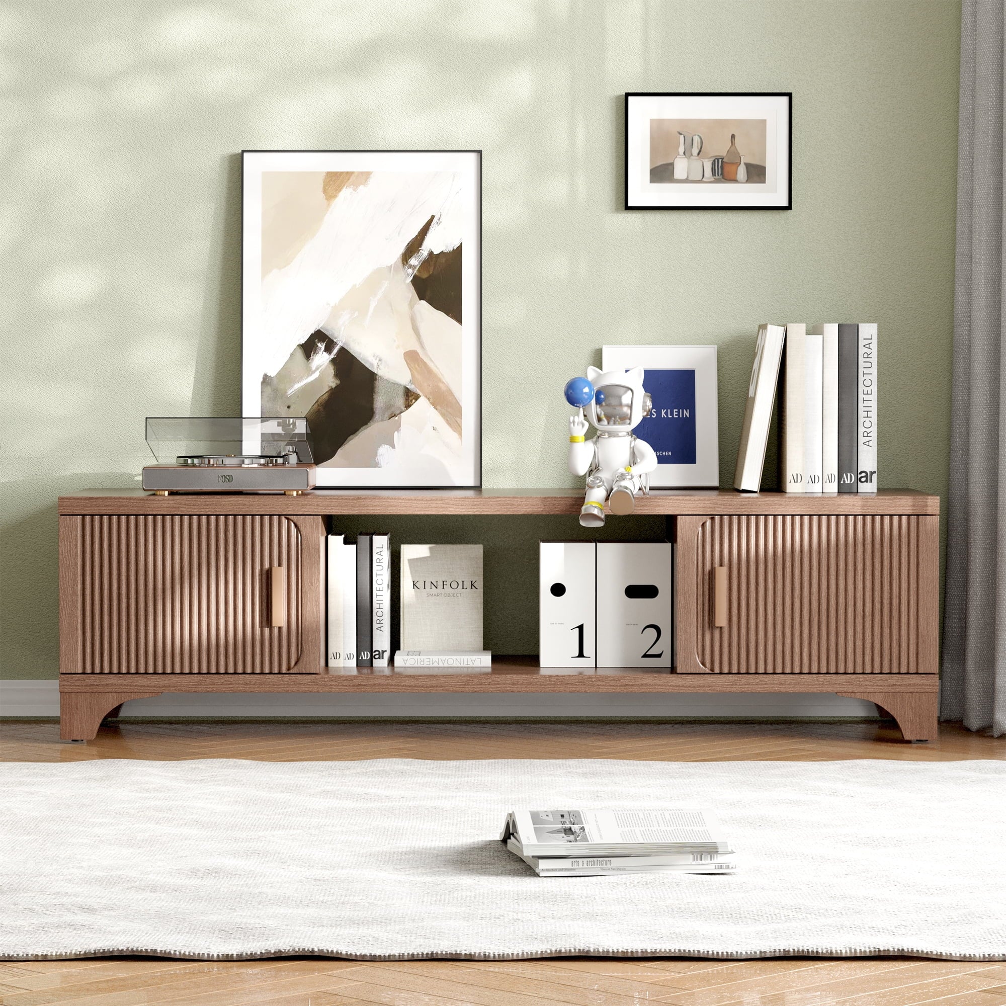 Furnibear Wood TV Stand Up to 70 Inch for Living Room, Mid Century Modern Entertainment Center, TV Console with Fluted Door Cabinets and Open Shelves, for Bedroom, Walnut