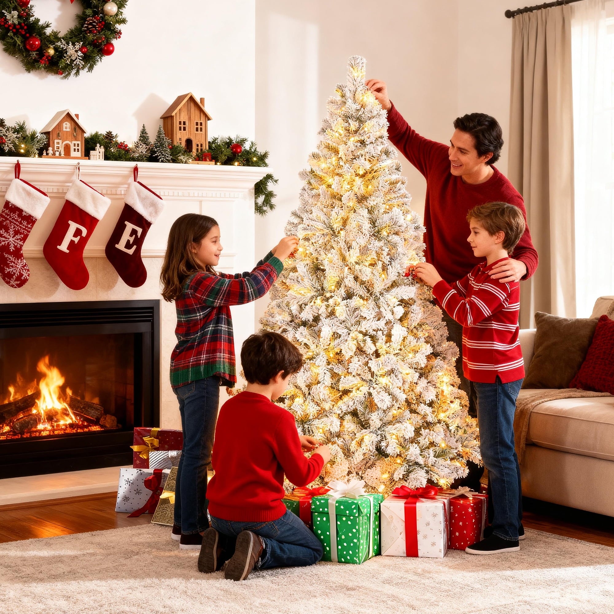 Furnibear 6ft Flocked Artificial Christmas Tree, 1000 Tips Unlit Snowy Tree with Automatic Fluffing