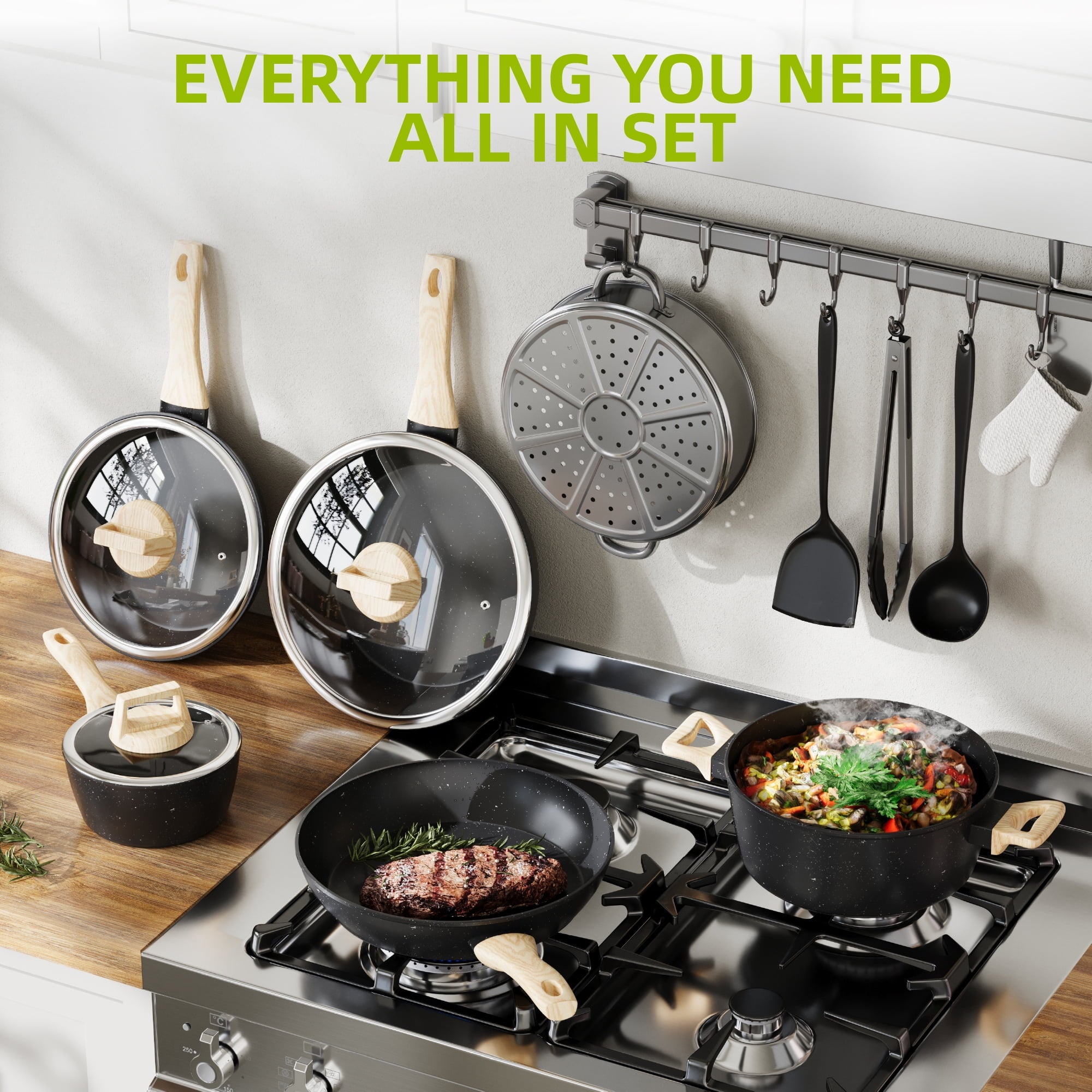 Furnibear 16pcs Nonstick Pots and Pans Set, Ceramic Cookware Set with Pots Protectors and Cooking Utensils, for RV and Camping Balck